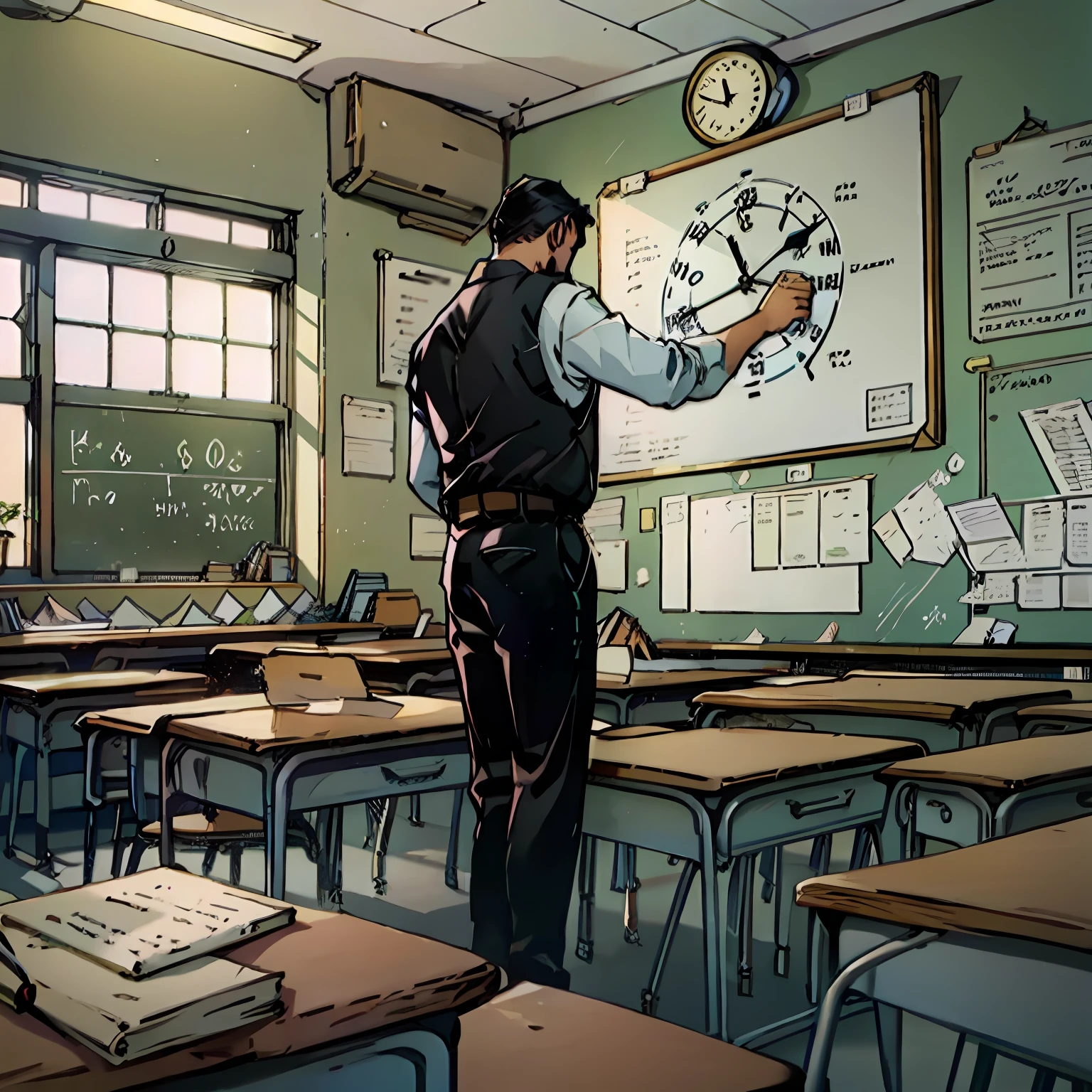 （（tmasterpiece）），（（best qualtiy）），8K，high detal，hyper-detailing，At the desk in the classroom，（（Textbooks and notebooks on the table）），（（Blackboard with mathematical equations written）），（（Large windows that let bright sunlight in）），（（Classmates in the background engage in different activities）），（（The clock on the wall ticks）），（（The teacher stands in front of the classroom holding a piece of chalk））
