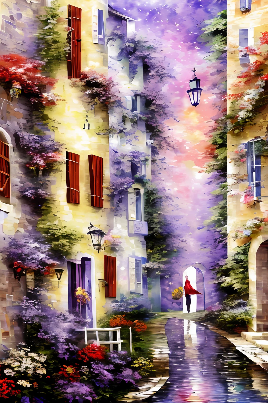 (in 8K、top-quality、​masterpiece:1.2)、(top-quality:1.0)、(超A high resolution:1.0)、watercolor paiting、white walls、window、Colorful flowers entangled in the wall々、Purple shadow of impressionism、extremely luminous bright design、PastelColors、France