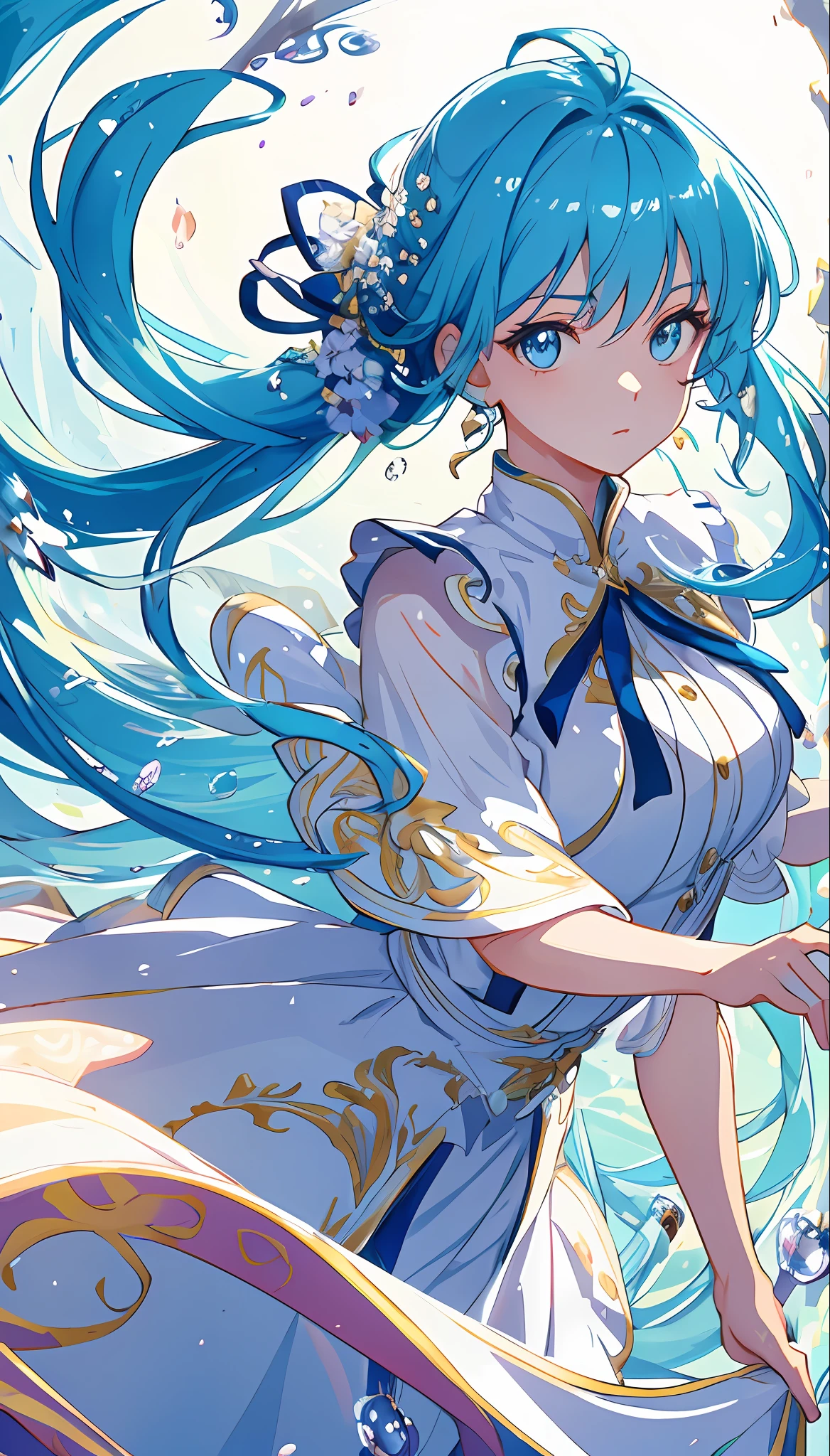 (masterpiece), (best quality), (ultra detailed),(disheveled hair),(illustration), (1girl), (Fashionable clothing), standing, Fashion model, looking at viewer, (interview), (simple background),beautiful detailed eyes, delicate beautiful face, Floating,(high saturation),(colorful splashes),colorful bubble,(shining), focus on face, ponytail, kamisato ayaka, light blue hair, bangs, hair ring, floating flowers, floating hairs, (shining), best lighting, best shadow,