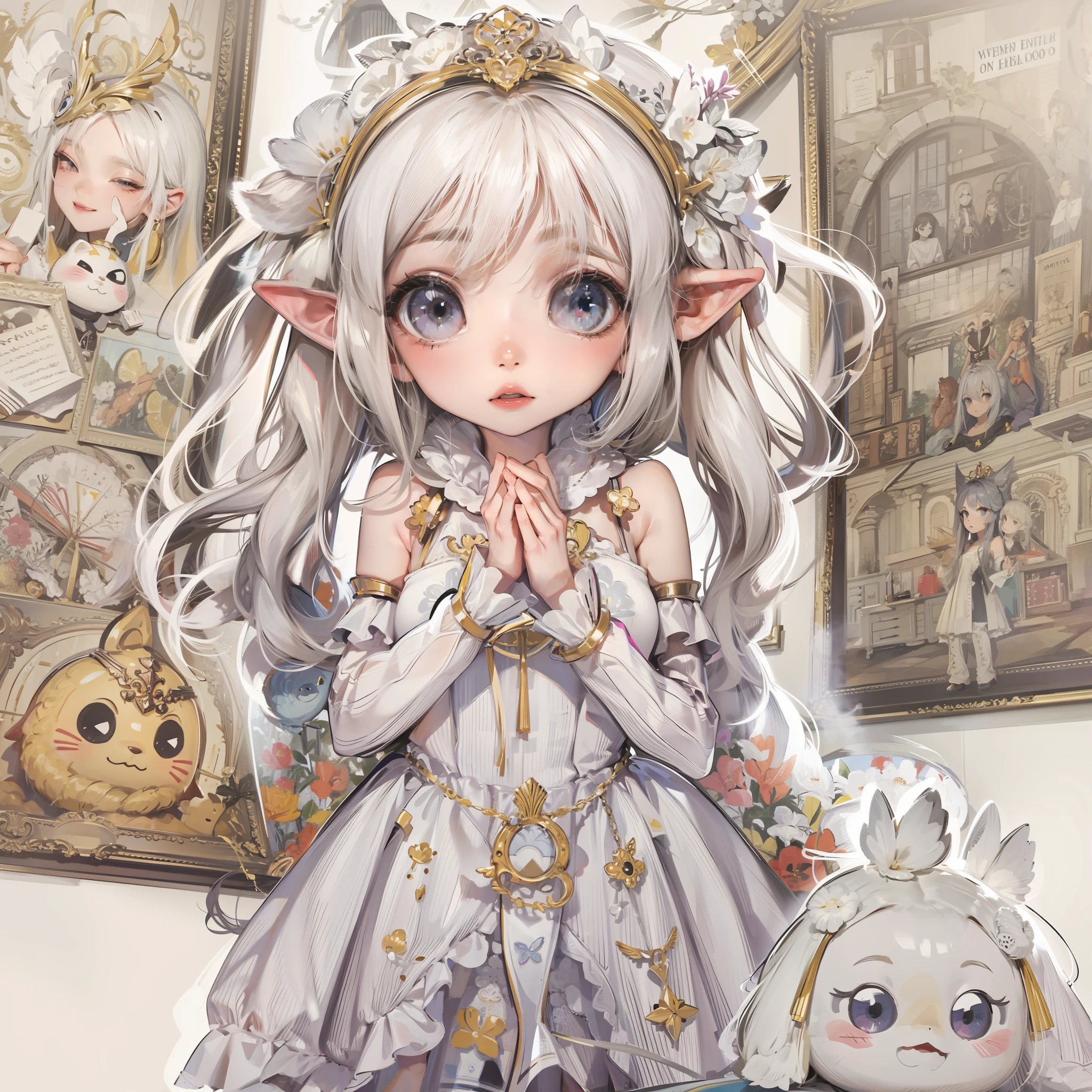Una pegatina con un borde recortado blanco sobre un fondo neutro de cuerpo completo. En el estilo de anime kawaii una elfa desgarbada y delgada, vestido con armadura de acero ligero, Llevar grande , Orejas muy grandes y puntiagudas, Cabello largo y lacio, con ojos muy expresivos.