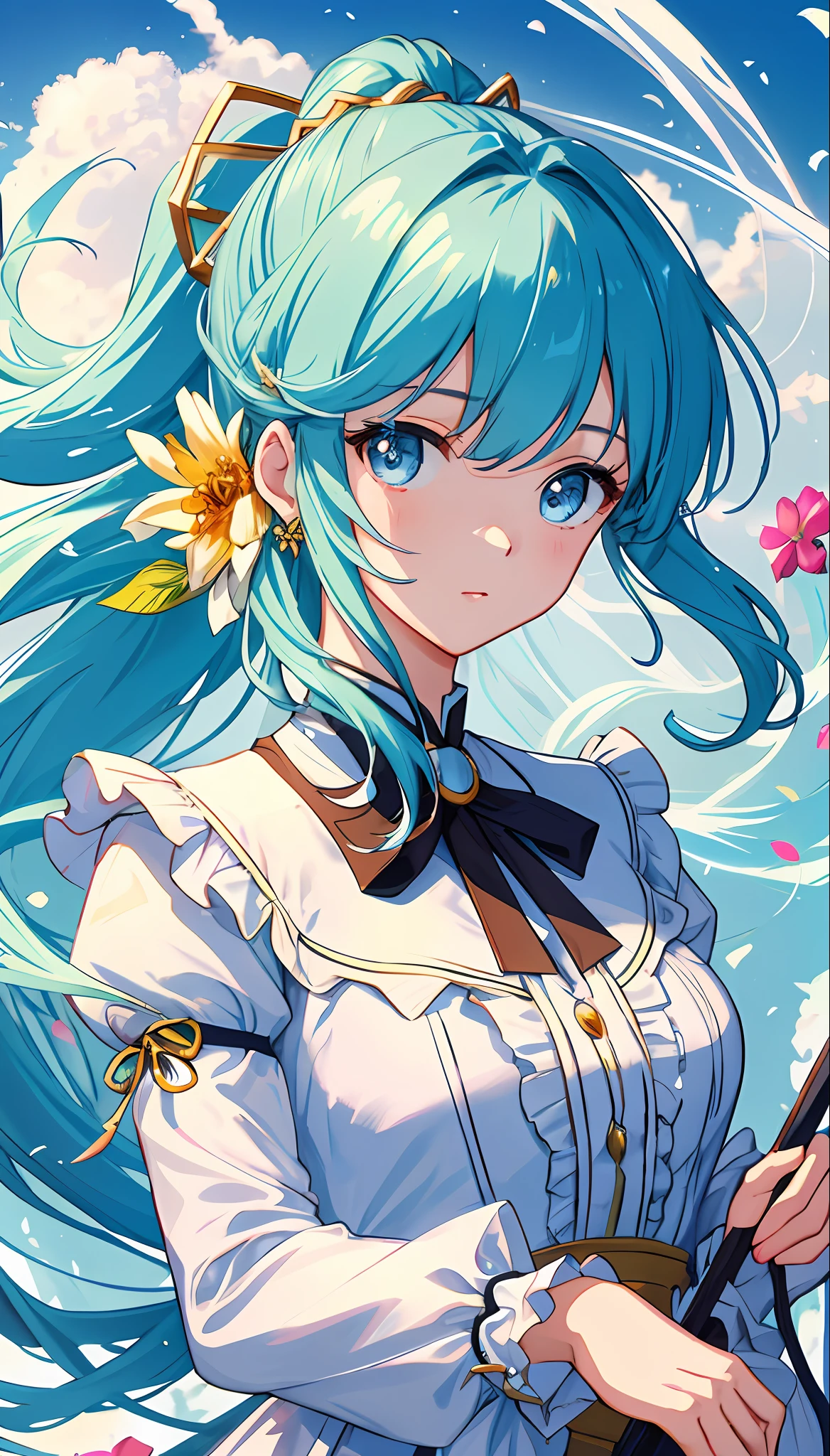 (masterpiece), (best quality), (ultra detailed),(disheveled hair),(illustration), (1girl), (Fashionable clothing), standing, Fashion model, looking at viewer, (interview), (simple background),beautiful detailed eyes, delicate beautiful face, Floating,(high saturation),(colorful splashes),colorful bubble,(shining), focus on face,  ponytail, kamisato ayaka, light blue hair, bangs, hair ring, floating flowers, floating hairs, (shining), best lighting, best shadow,