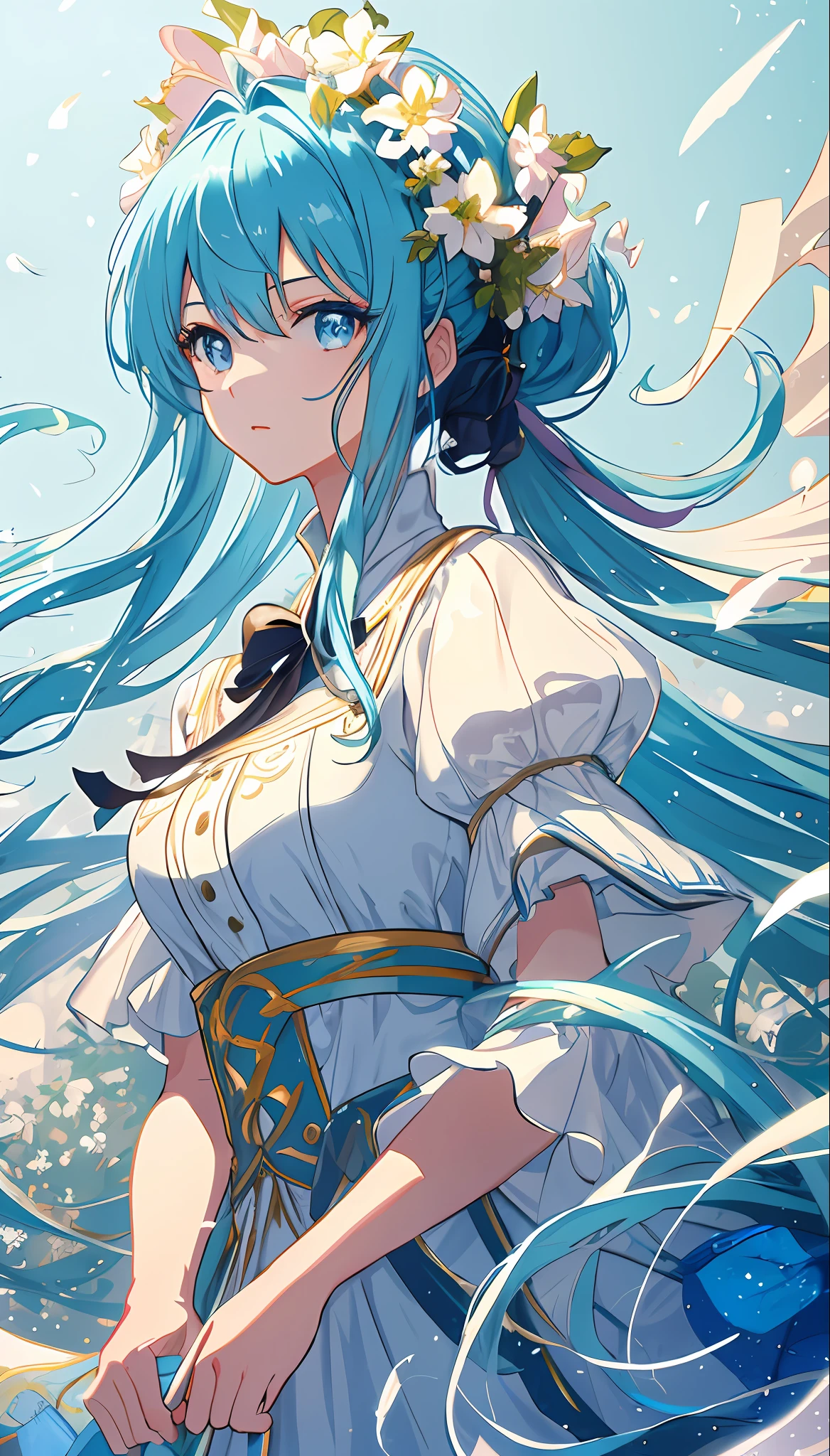 (masterpiece), (best quality), (ultra detailed),(disheveled hair),(illustration), (1girl), (Fashionable clothing), standing, Fashion model, looking at viewer, (interview), (simple background),beautiful detailed eyes, delicate beautiful face, Floating,(high saturation),(colorful splashes),colorful bubble,(shining), focus on face,  ponytail, kamisato ayaka, light blue hair, bangs, hair ring, floating flowers, floating hairs, (shining), best lighting, best shadow,