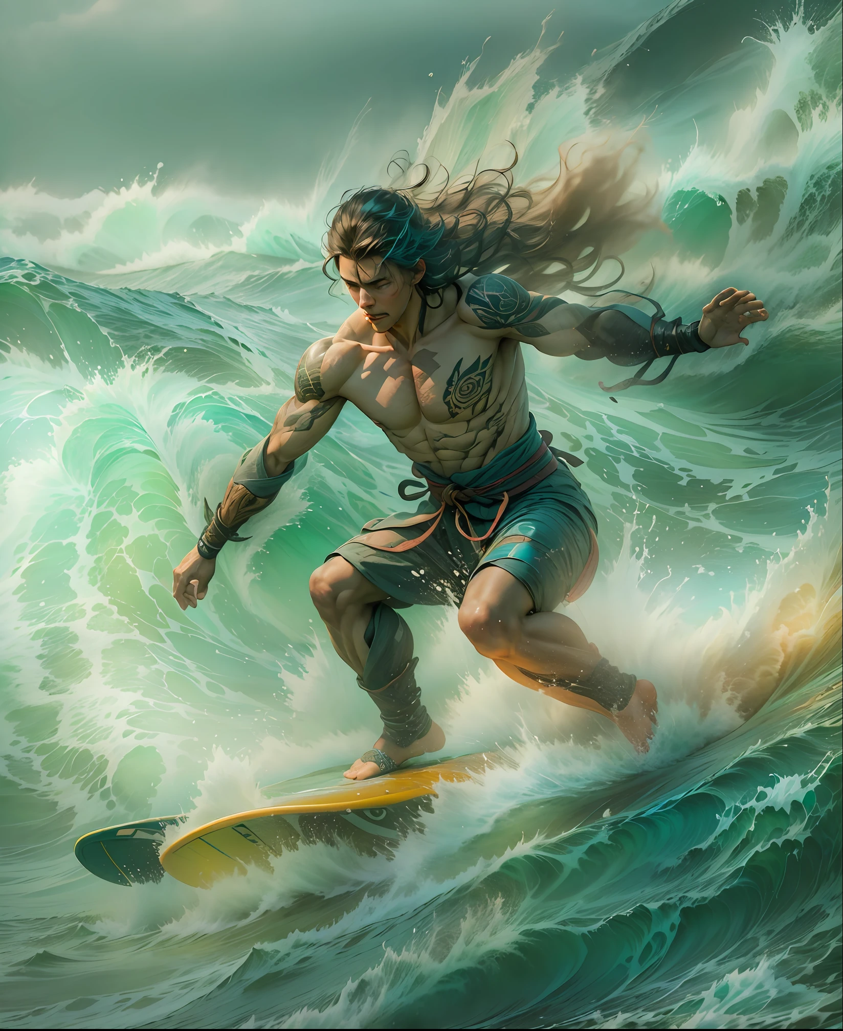Female martial artists dressed as surfers ride on the crests of huge waves, Use Kung Fu and Water Control to navigate the water, Panoramic views of the sea and rough waves.
a vibrant atmosphere, Vibrant colors, Dynamic composition, Canon EOS R5 camera, Fujifilm Pro 400H film, 35mm lens, Shallow depth of field, Bruce lee, Kelly Slater, Laird Hamilton, Alexander McQueen, Neil Barrett