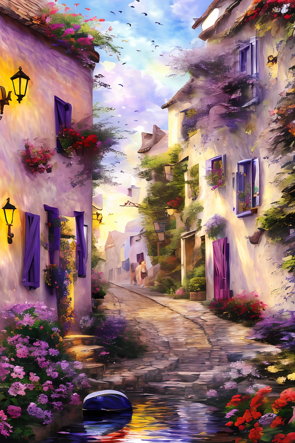 (8K、top-quality、​masterpiece:1.2)、(top-quality:1.0)、(超A high resolution:1.0)、watercolor paiting、white walls、window、Colorful flowers entangled in the wall々、Purple shadow of impressionism、extremely luminous bright design、PastelColors、France