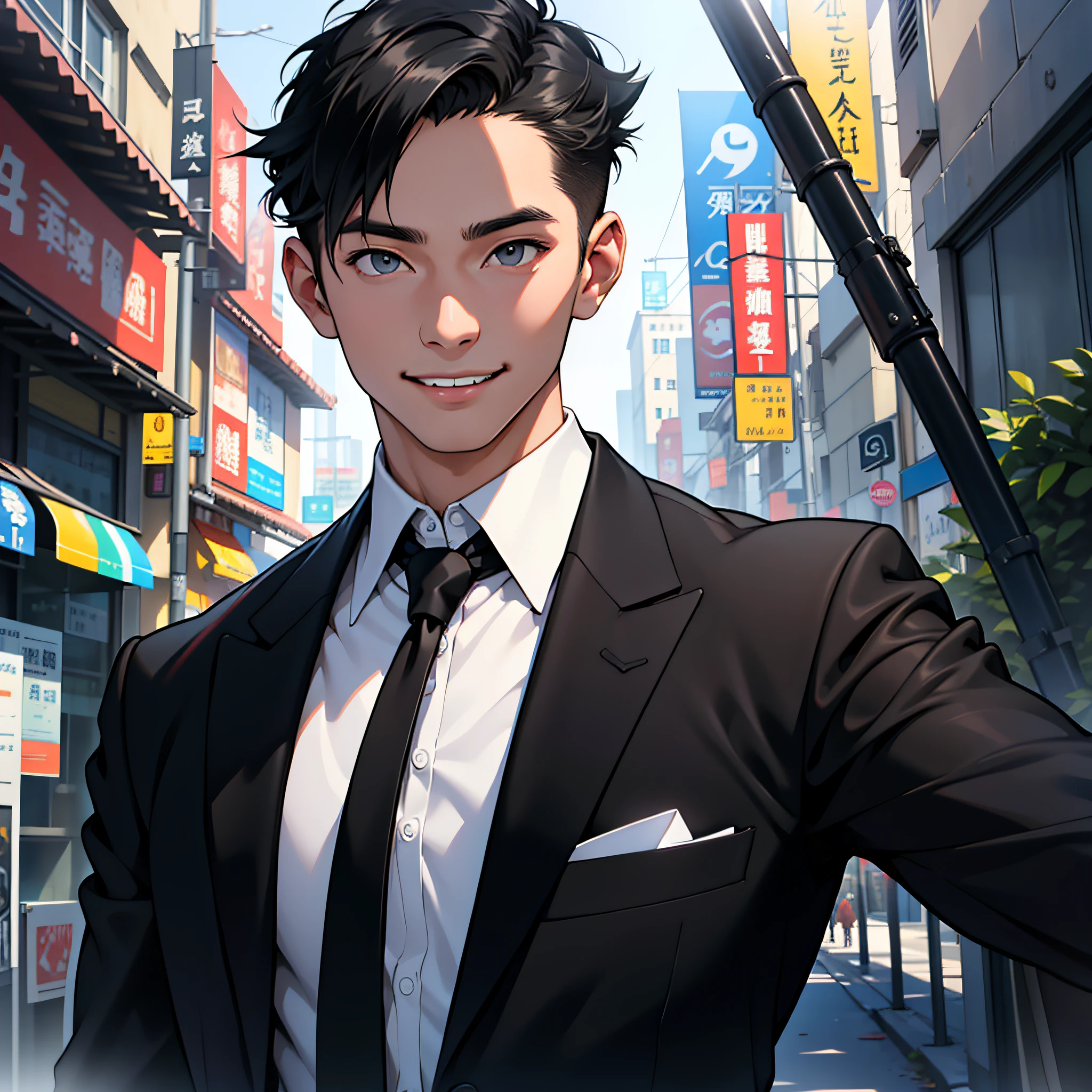 Masterpiece minimalism: A young man with short black hair in a black suit,tmasterpiece,4K,8K,finedetail,超高分辨率,best qualtiy,k hd,Complicated details,largefilesize,astounding,depth of fields,naturalshadow,)Men's masterpiece minimalism A young man with short black hair in a black suit,His face showed great happiness、Joyful expression background street