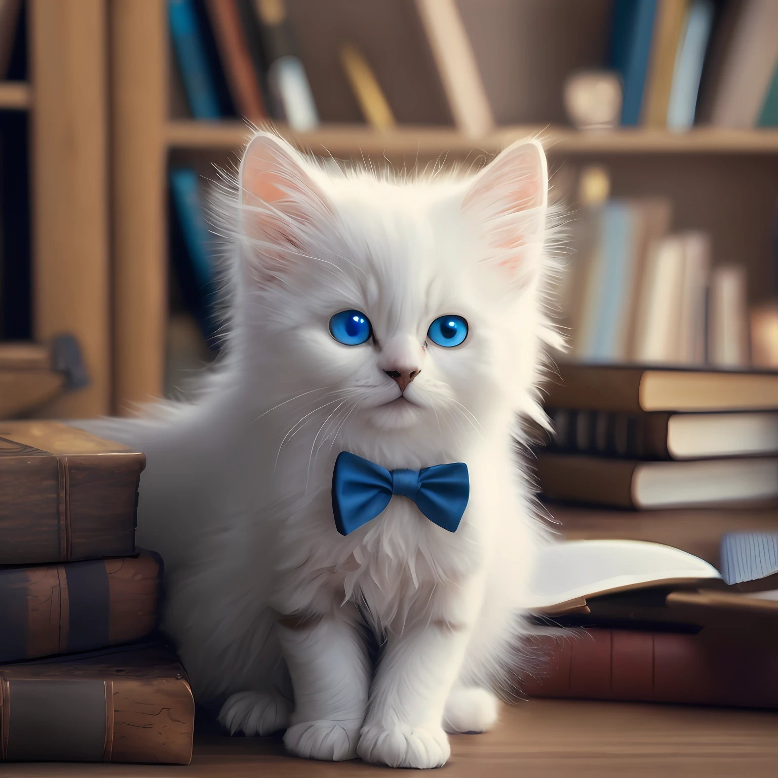 Fluffy cute white kitten with blue eyes. dressed in a brown vest, bow-tie. accessorized like a science cat on a wooden desk with books in the background. 8K masterpiece RAW