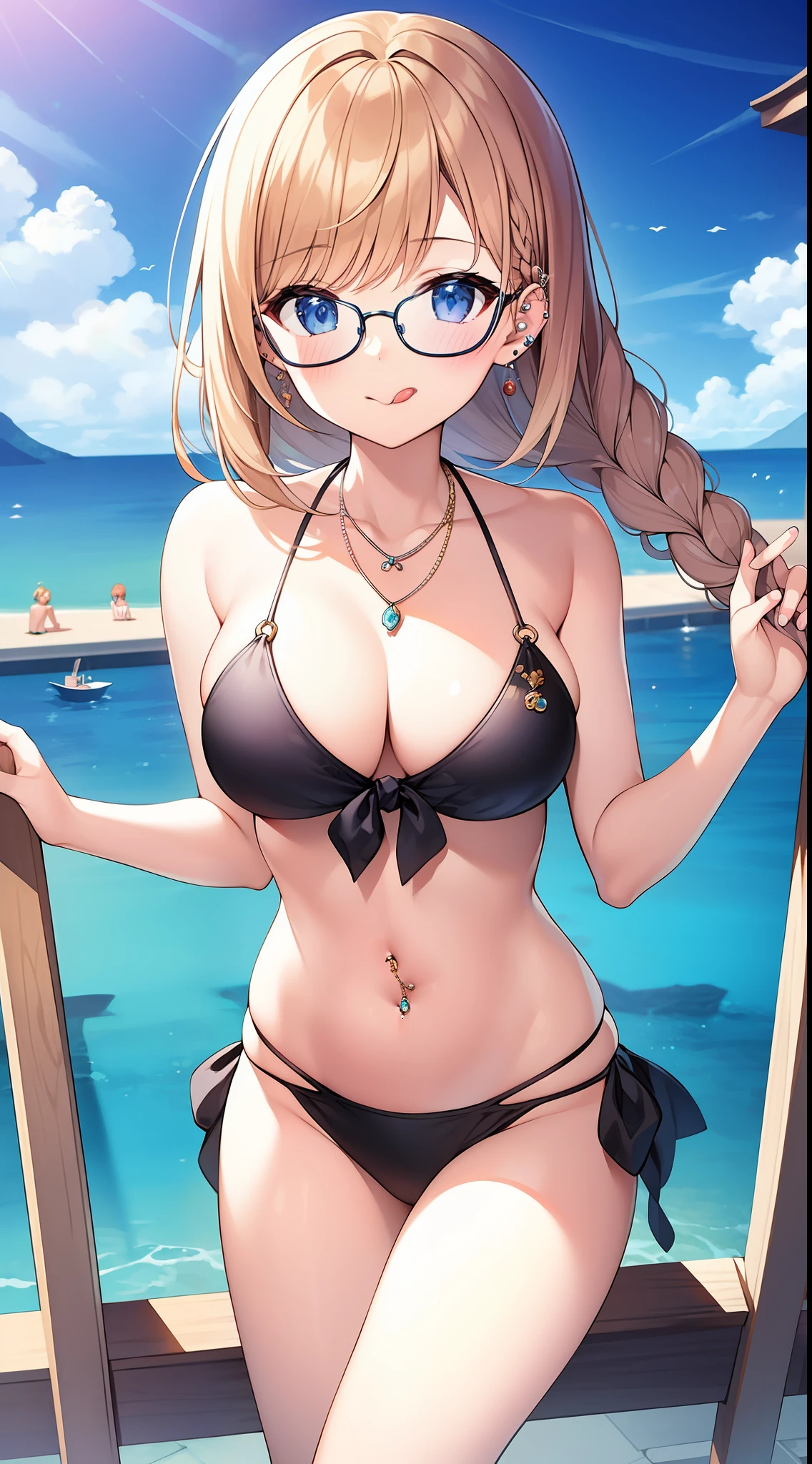 Great masterpiece、Super delicate、1girl in、eye glass、Pure、Braids、piercings、a necklace,belly button piercing,Fancy Bikini、tongue-out、Cute anime illustration、