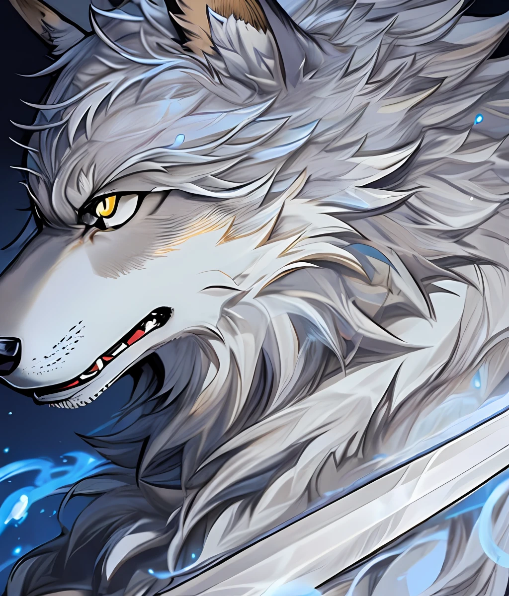 a close up of a cartoon of a wolf with a sword