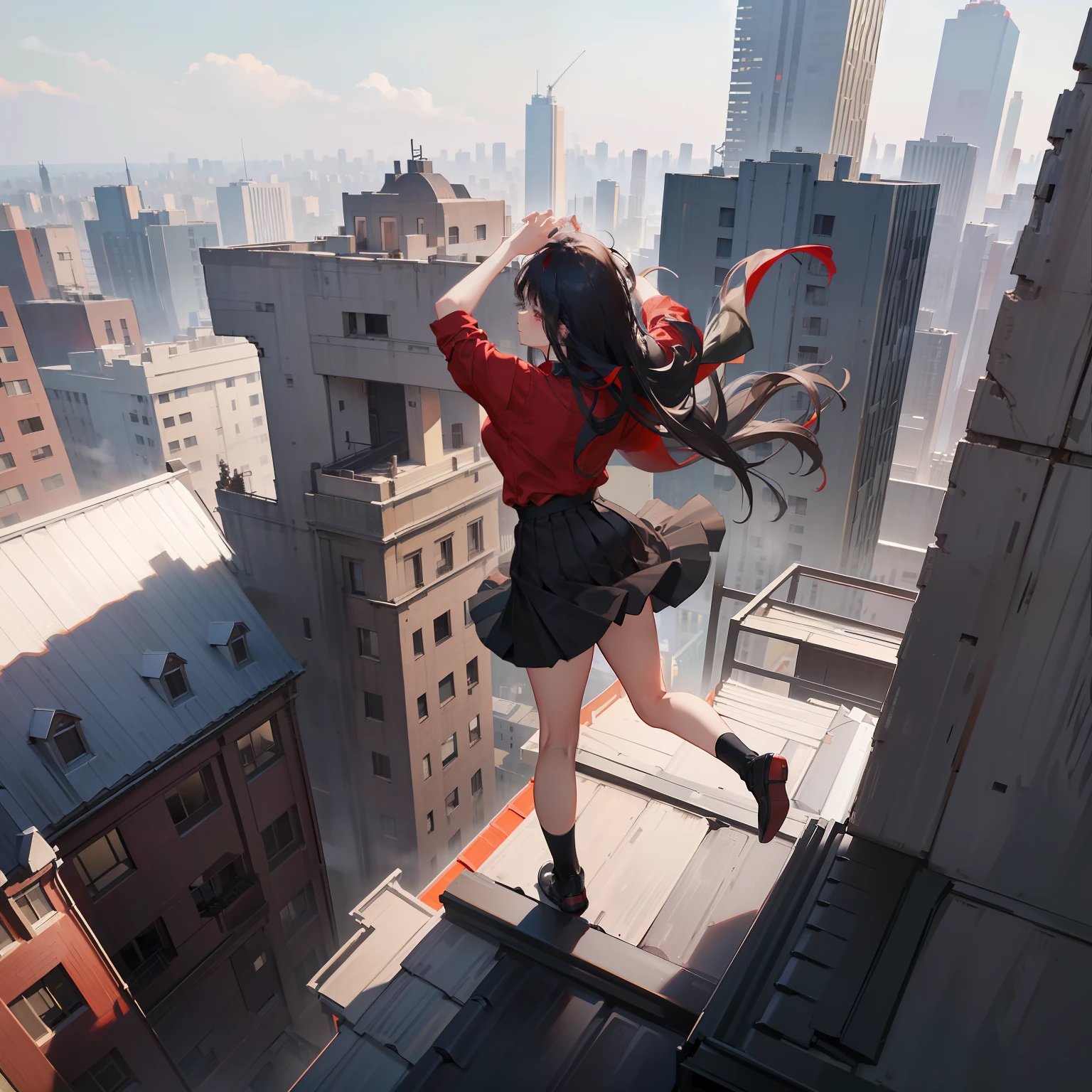masterpiece、hightquality、vivd colour、(((Long Black Hair)))、(((Red Shirt)))、(((a black skirt)))、(((On the roof of a high-rise building)))、(((Falling from a building)))