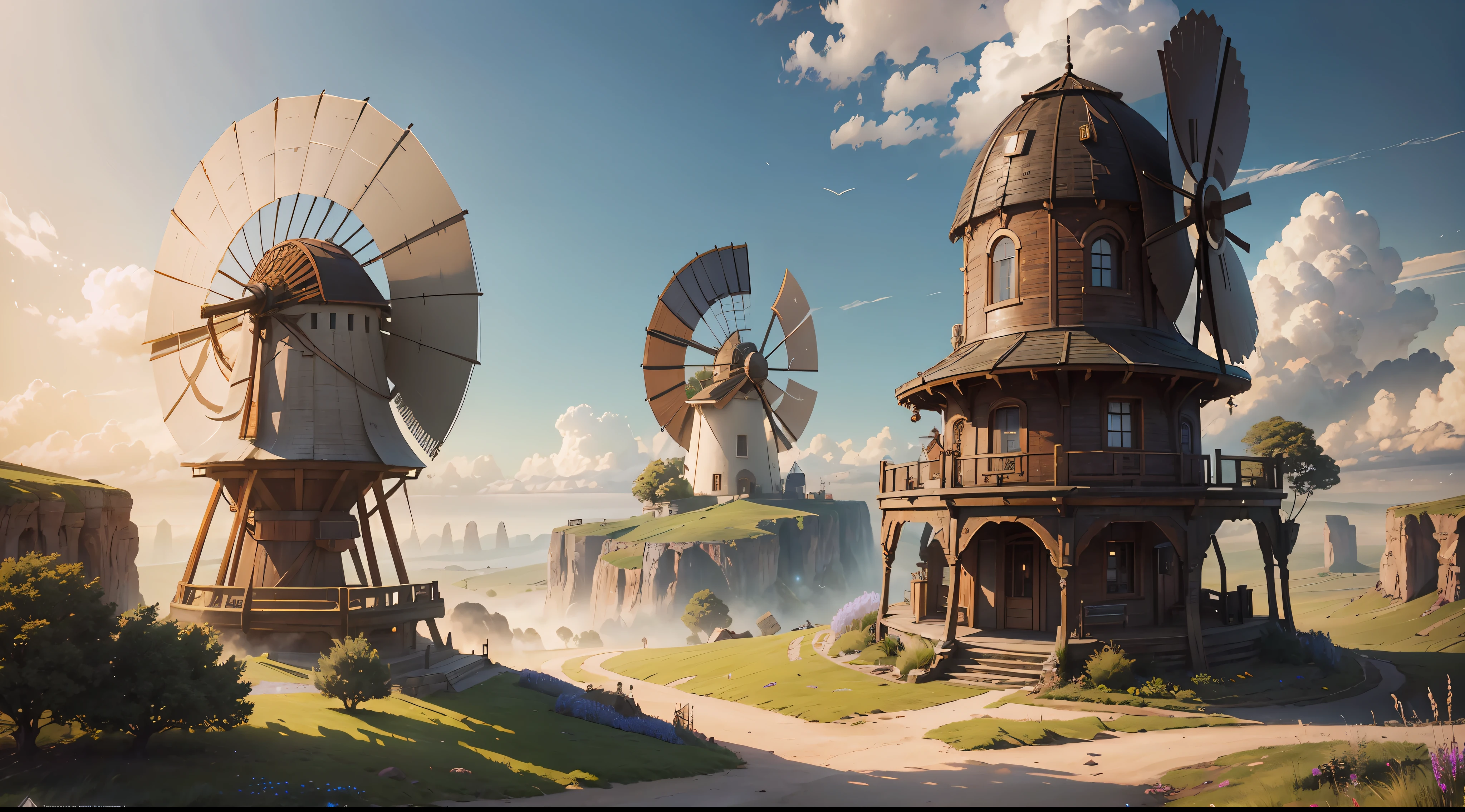 "(by Greg Rutkowski: 1.2), (ultra-detailed CG unity 8k wallpaper, masterpiece, best quality, depth of field, HDR, intricate), Enchanting windmill in a picturesque countryside, with vibrant colors and stunning details, sharp focus, cinematic lighting, peaceful environment, post-processing, (detailed environment)"