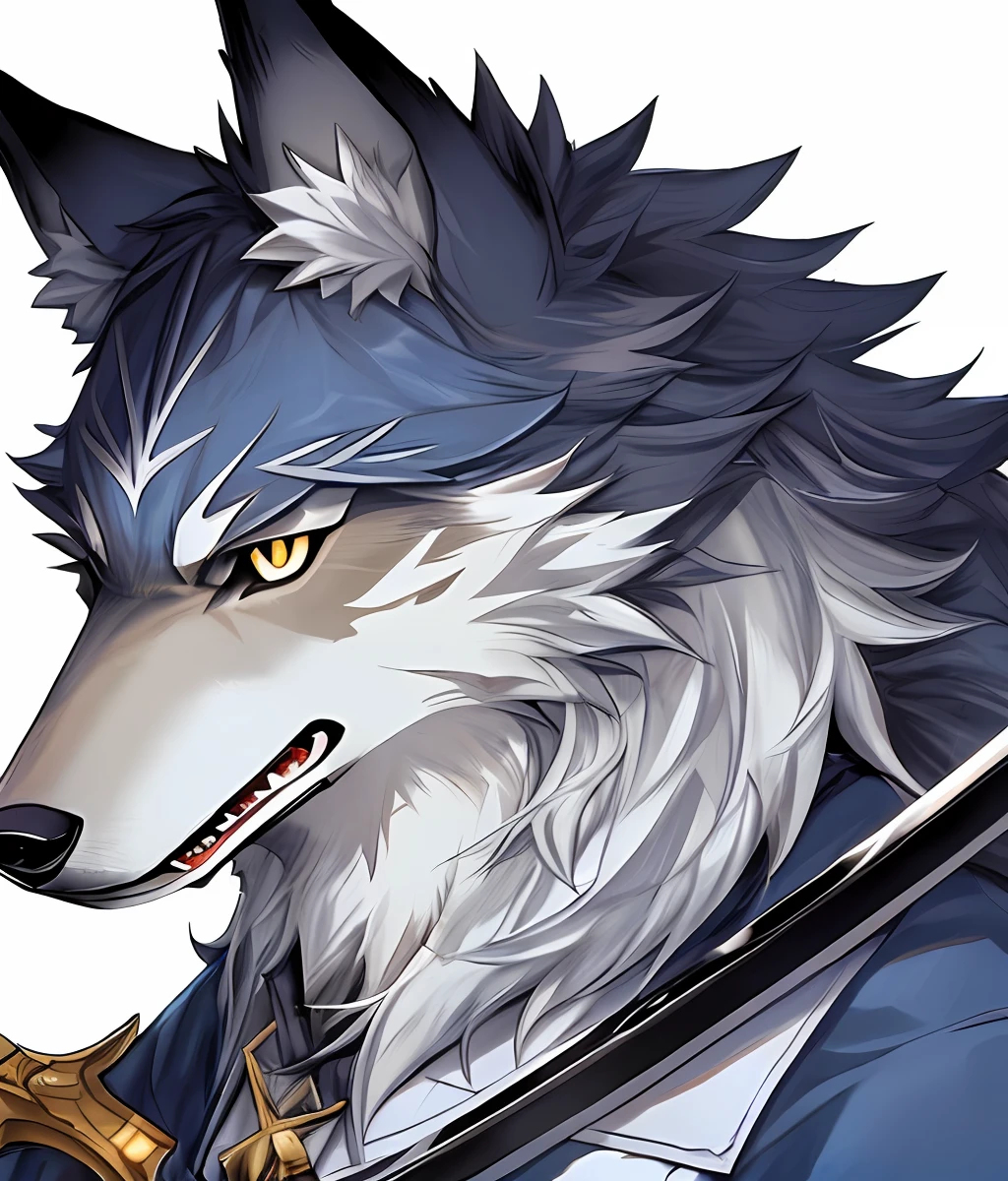 a close up of a cartoon of a wolf with a sword