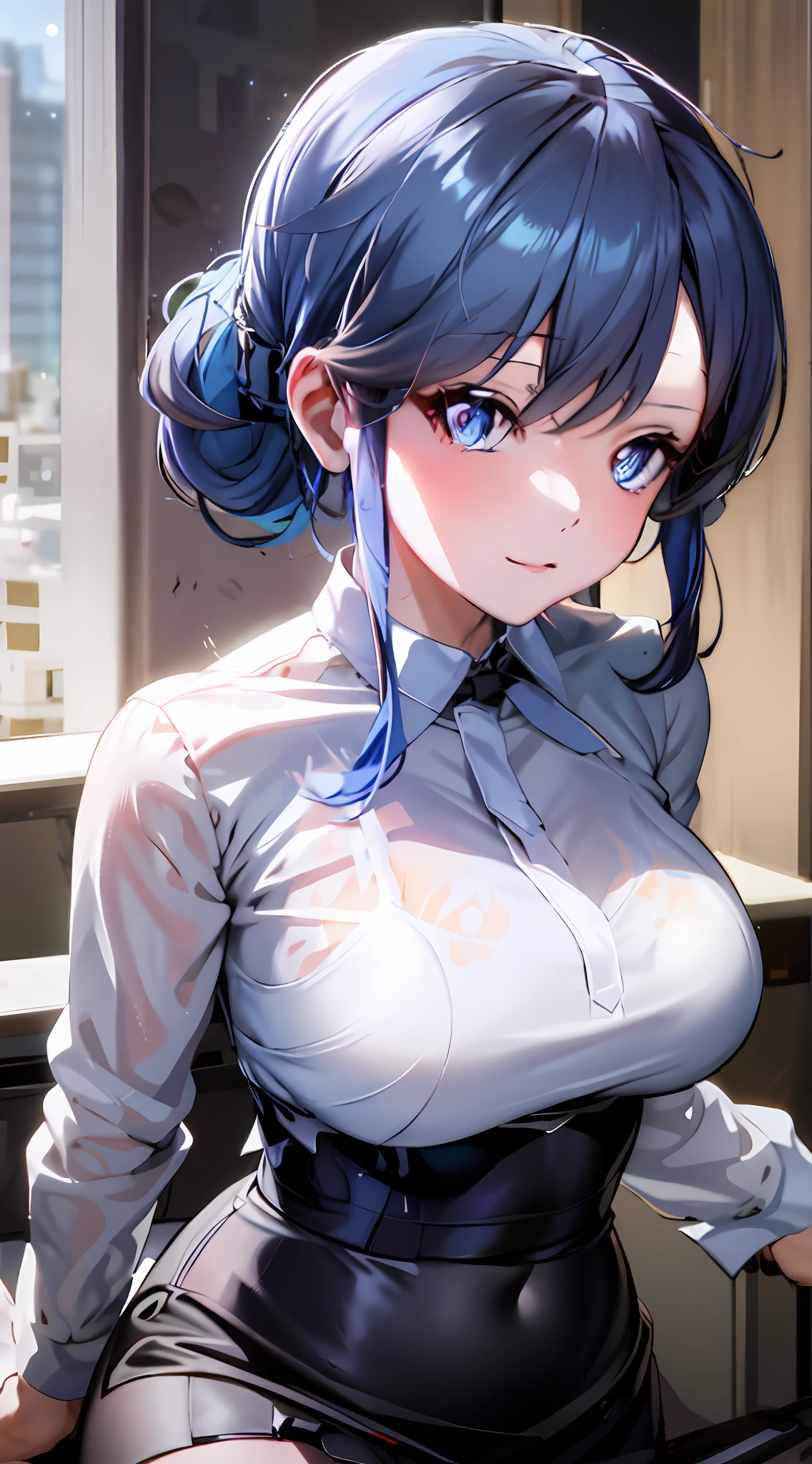 anime girl with blue hair and blue eyes sitting on a window sill, seductive anime girls, Anime moe art style, Smooth anime CG art, realistic anime artstyle, Extremely detailed Artgerm, attractive anime girls,barechested，very Bigger breasts，a white bikini，A flushed face ，Marin Kitagawa fanart, Detailed digital anime art, [ 4 K digital art ]!!, beautiful and seductive anime woman, Range Murata and Artgerm