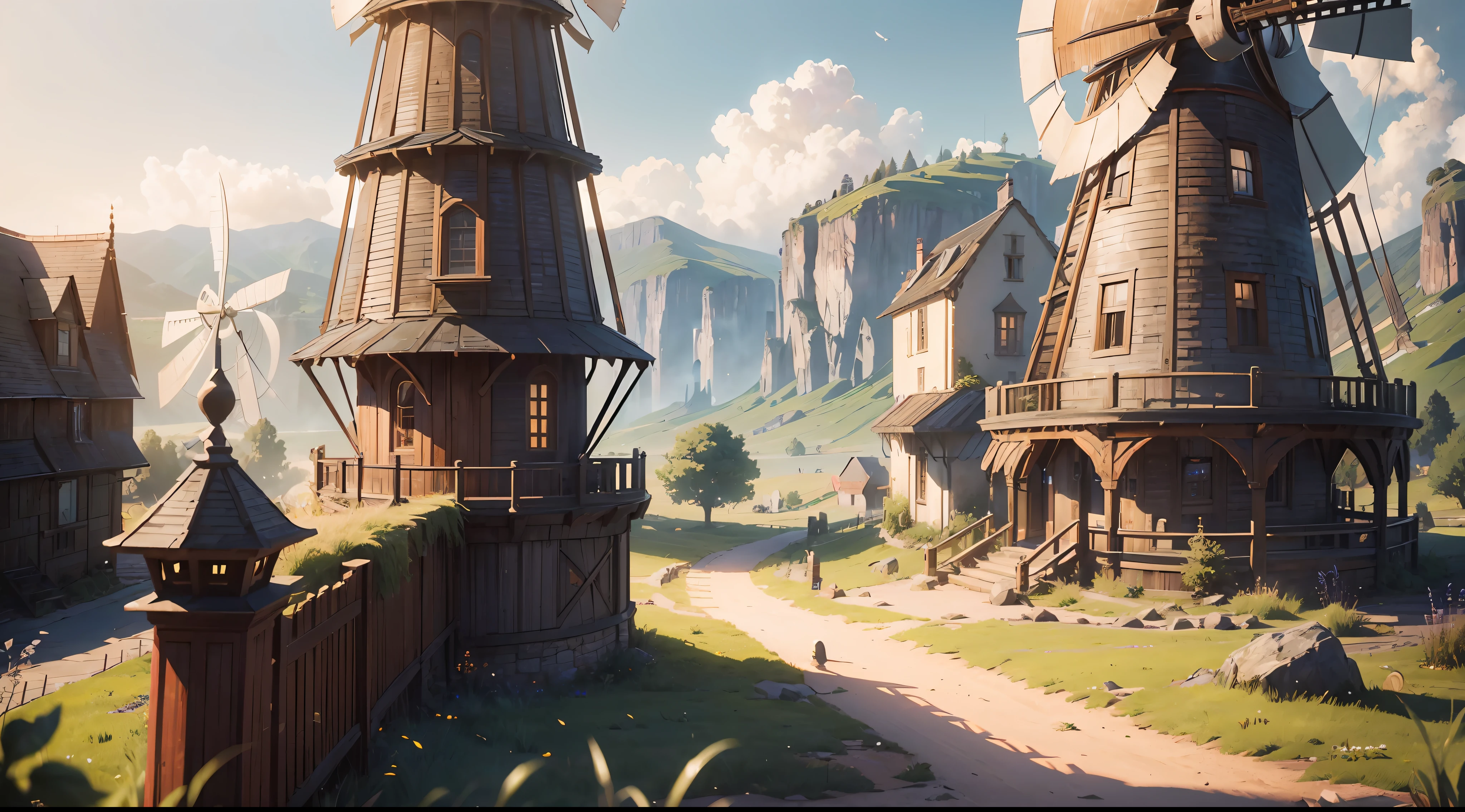 "(by Greg Rutkowski: 1.2), (ultra-detailed CG unity 8k wallpaper, masterpiece, best quality, depth of field, HDR, intricate), Enchanting windmill in a picturesque countryside, with vibrant colors and stunning details, sharp focus, cinematic lighting, peaceful environment, post-processing, (detailed environment)"