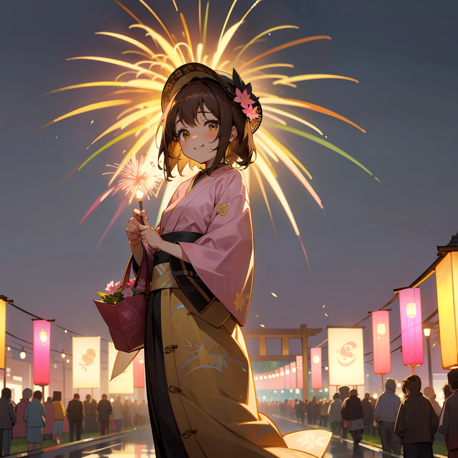 (best qualtiy、tmasterpiece、the detail) Anime girls、Black-brown hair、Golden eyes、ssmile、Wear a pink yukata、The yukata has a flower pattern on it，Walk around the celebration、There were lanterns and fireworks。