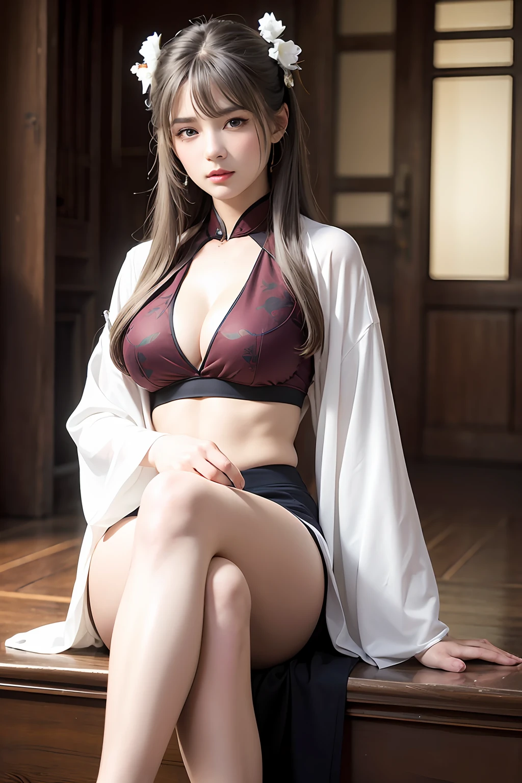 ulzzang-6500-v1.1, (raw photo:1.2),((photorealistic:1.4))best quality, masterpiece, cross legs, seductive, illustration, an extremely decision and beautiful, extremely detailed, CG, unity,8k wallpaper, bare legs, split skirt, display, flat belly display, Amazing, finely detail, masterpiece, best quality, official art, very detailed CG unified 8k wallpaper, ridiculous, incredibly ridiculous, huge file size, super detailed, high resolution, young, beautiful face, detailed face, white skin,very detailed, beautiful detailed girl, very detailed eyes, beautiful detailed eyes, light on face, movie lights, ((sexy han), 1girl, full body, full body photo, see-through, looking at the audience, ((gray hair)), realistic breasts,