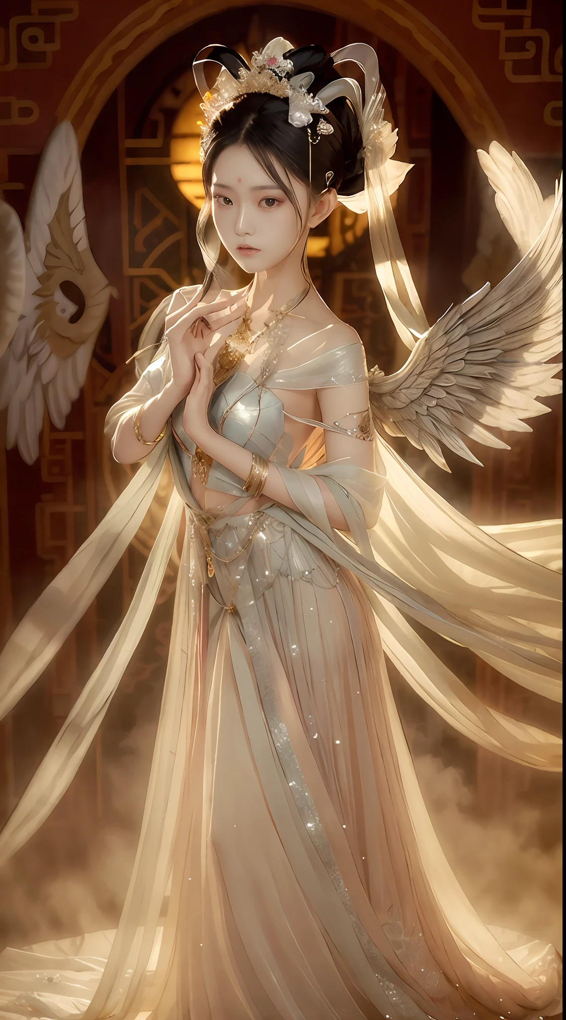 Arad woman in silver dress,With angel wings, ethereal wings, young wan angel, Ethereal beauty, wearing angel, beautiful angel, gorgeous chinese models, angelic wings on her back, Portrait of a beautiful angel, Soft ethereal lighting, beautiful angel, beautiful female angel, full - body majestic angel, a stunning young ethereal figure, with beautiful wings