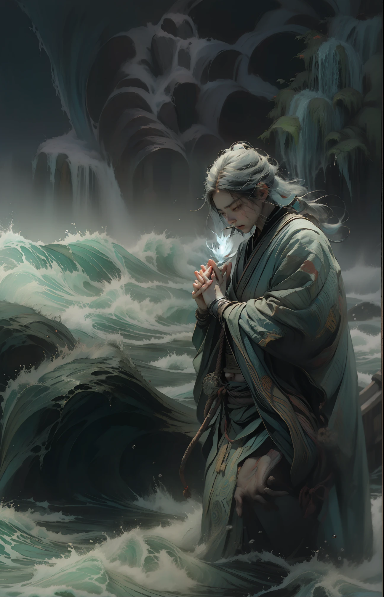 Bodhidharma crossing a river with a reed, facing towering waves, with hands clasped in prayer,water
monochromatic color scheme, contrasty lighting, powerful composition, Sony A7S III camera, Kodak Tri-X 400 film, 50mm lens, high grain, Akira Kurosawa, Wong Kar-wai, Zhang Yimou, Alexander McQueen, Yohji Yamamoto