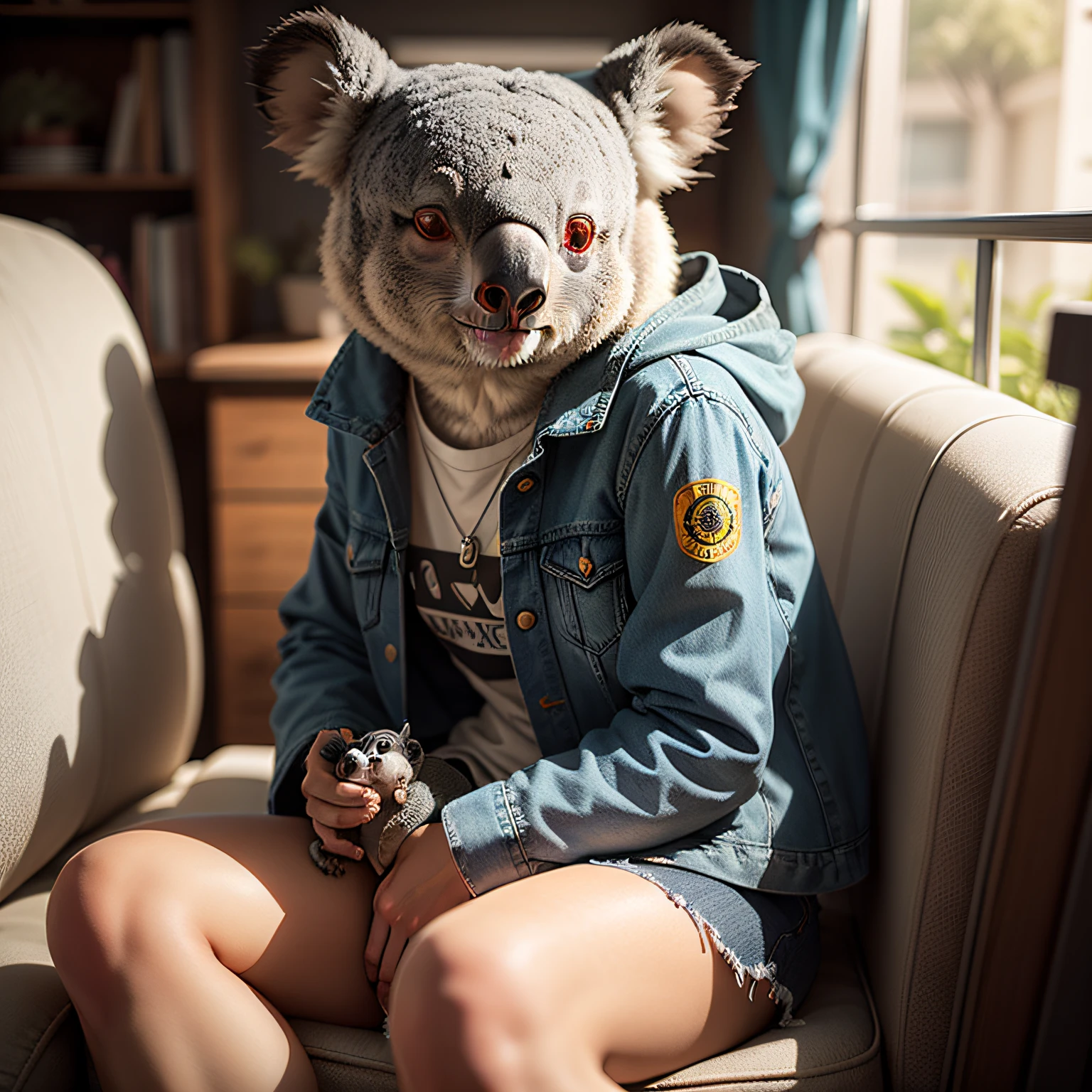 print of a koala with a denim jacket with the name Koali written
