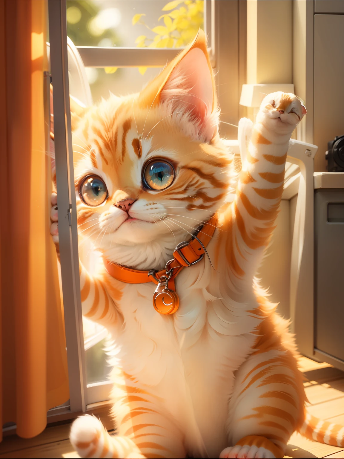 Orange kitten,ssmile,Raise one front paw,The light from the back window is backlighted,The edges glow