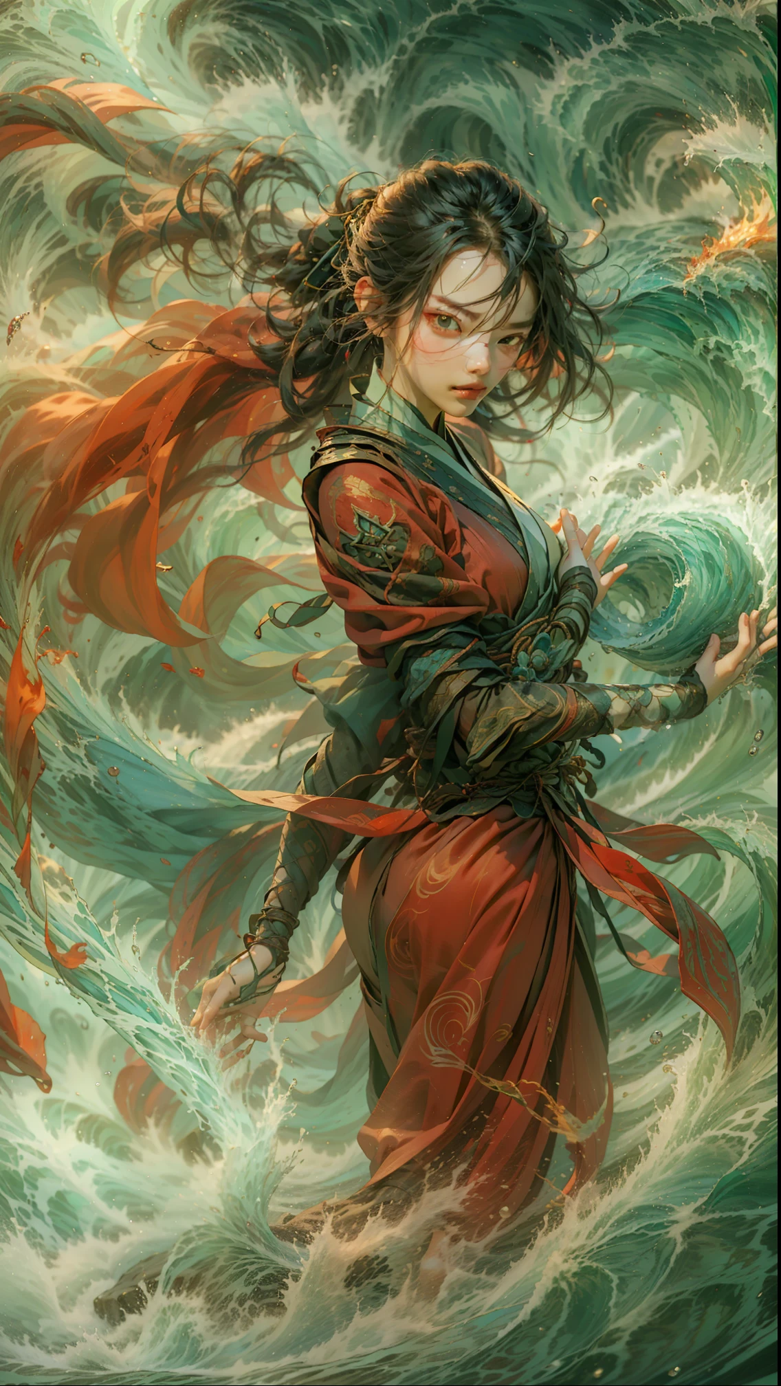 Best quality,Masterpiece,超高分辨率,,yushuishu,1girll,Solo,long hair,water,Waves,full bodyesbian,in style of red,fire elements