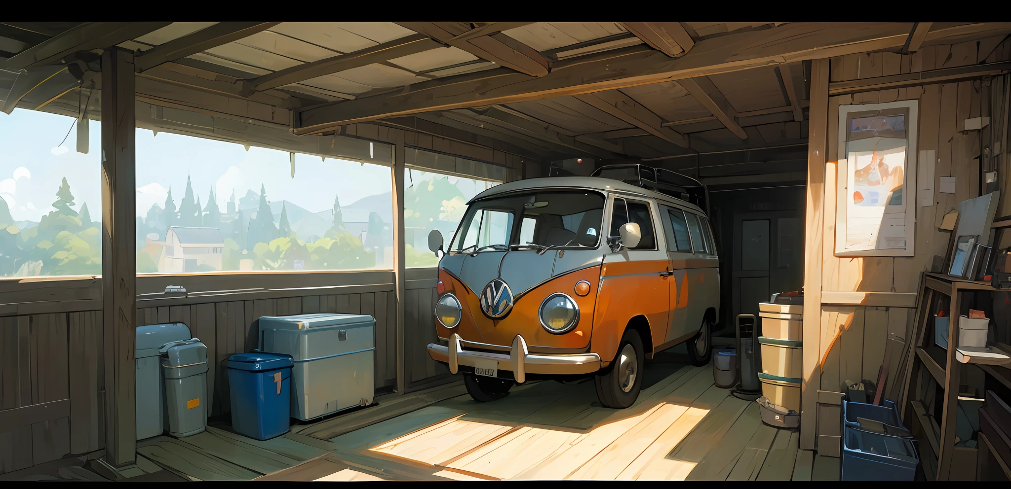 (((best quality))), Realistic, authentic, beautiful and amazing garage with a Volkswagen Kombi oil painting Studio Ghibli Hayao Miyazaki --v6