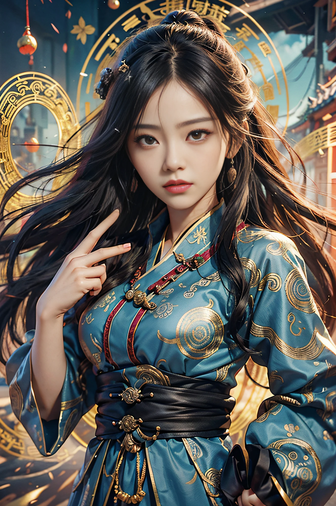 top-quality、​masterpiece、超A high resolution、(realisitic:1.4)、细致背景、lifelike face、Real Fingers、Real Hands、Real Hair、Hair swaying in the wind、dramaticlighting、Cinematic scenes、xiuxian、arma、A detailed face、.1girl in、独奏、arma、(magic circles:1.2)、xiuxian、The upper part of the body、beautiful  Girl、East Asian Architecture、scabbard、architectural。