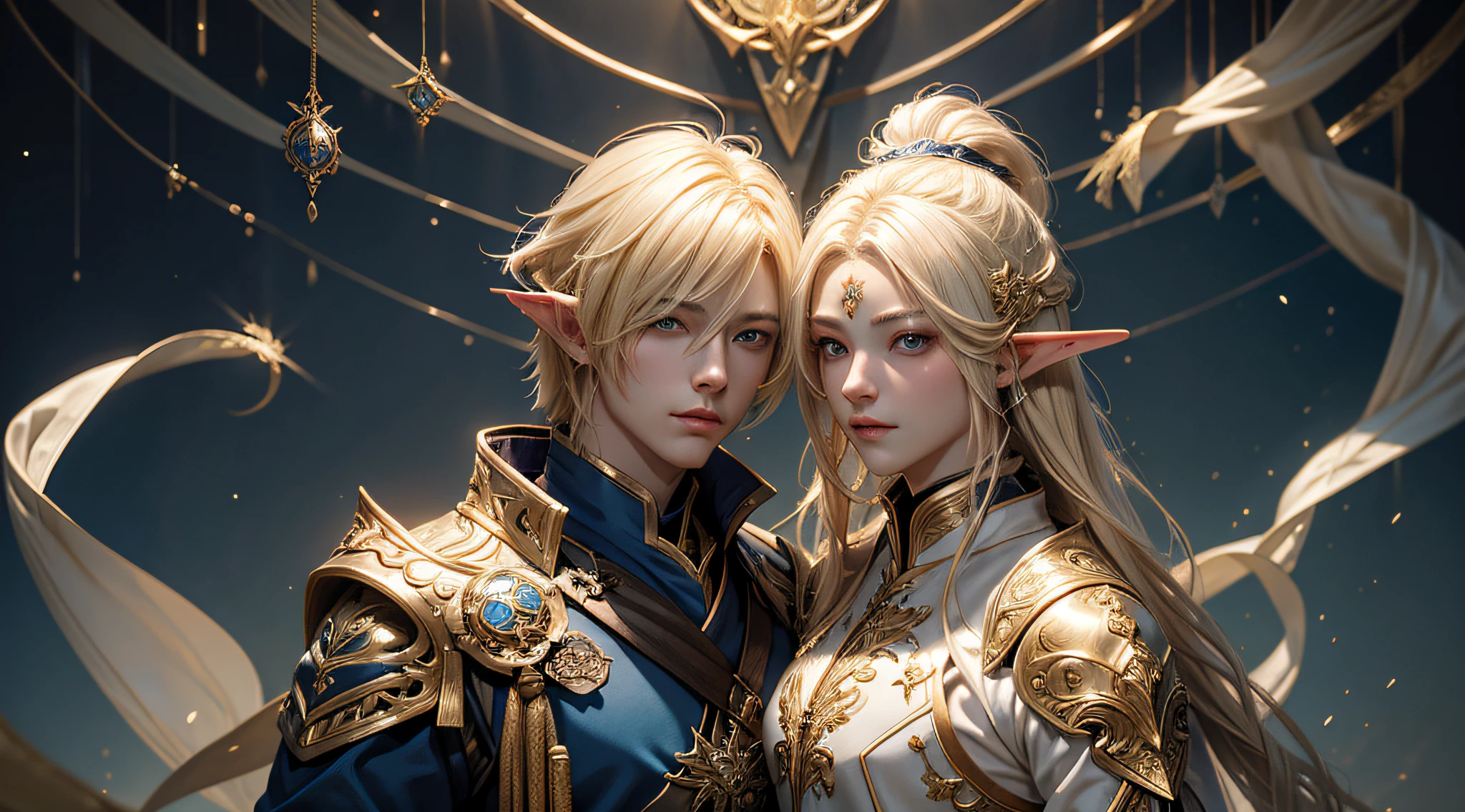 there is a male character in a blue and gold outfit, portrait of magical blond prince, by Yang J, from lineage 2, male blonde elf ranger, heise jinyao, g liulian art style, lineage 2 revolution style, a portrait of a male elf, beautiful androgynous prince, beautiful male elf, fantasy male portrait, casimir art