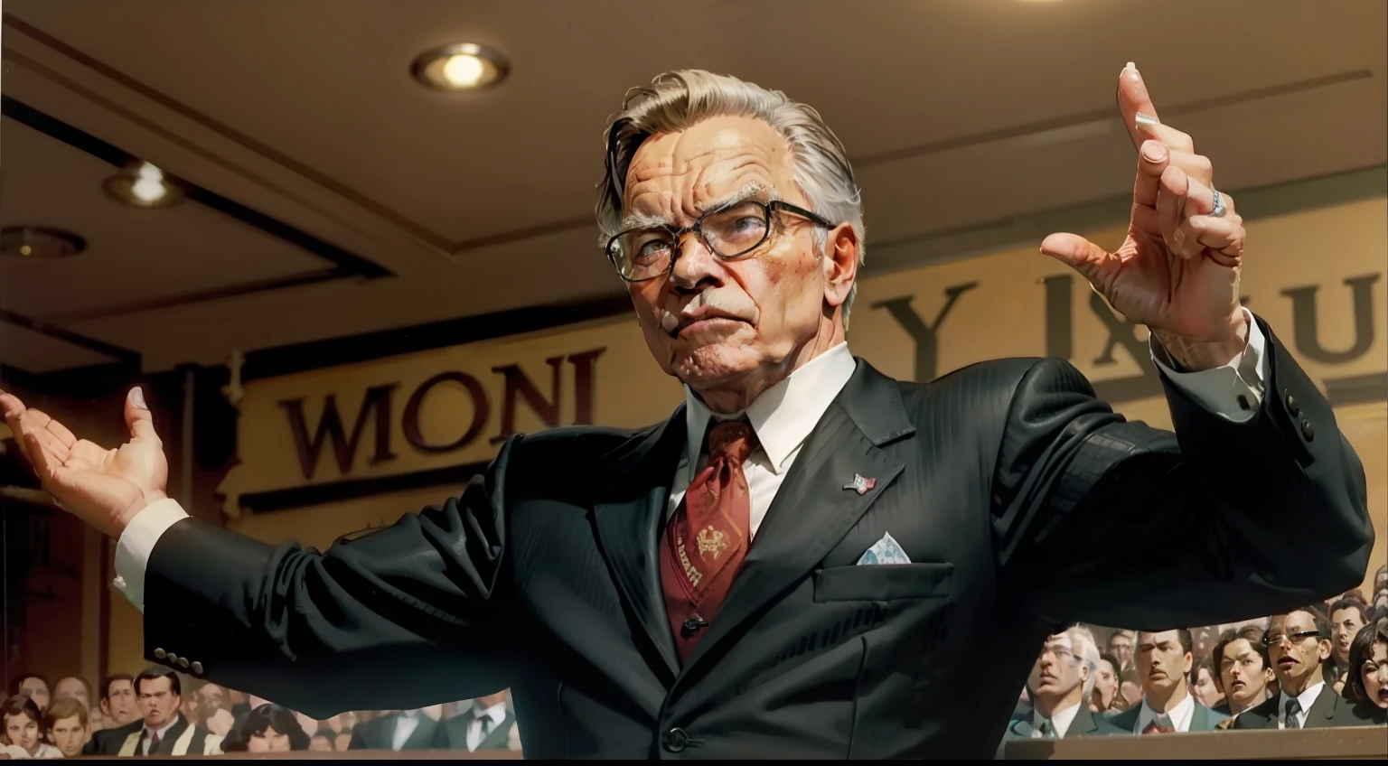 Warren buffet Flexing like Arnold Schwarzenegger in front of a crowd