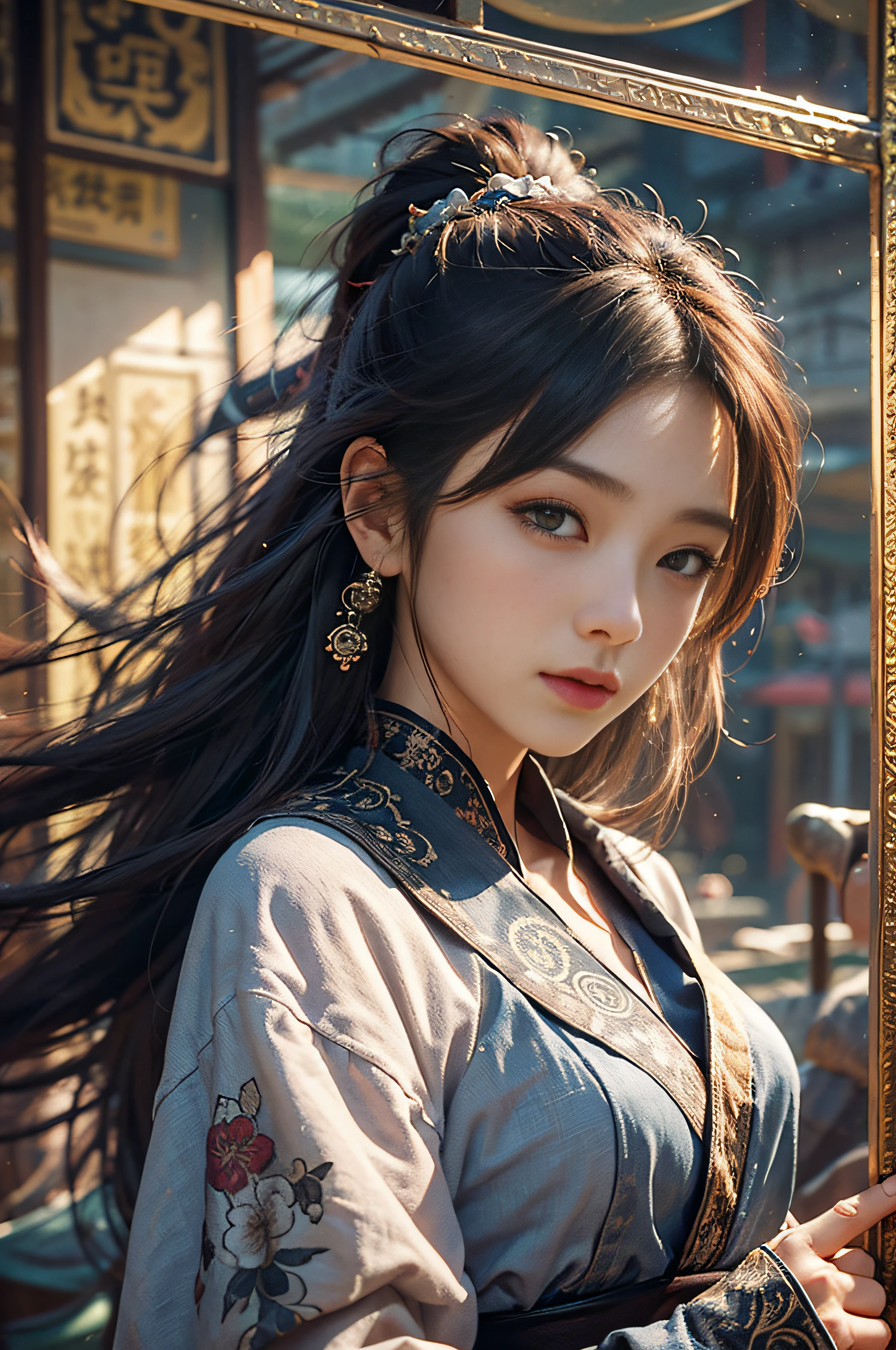 top-quality、masterpiece、超A high resolution、(realisitic:1.4)、细致背景、lifelike face、Real Fingers、Real Hands、Real Hair、Hair swaying in the wind、dramaticlighting、Cinematic scenes、xiuxian、arma、A detailed face、.1girl in、独奏、arma、(magic circles:1.2)、xiuxian、The upper part of the body、beautiful Girl、East Asian Architecture、scabbard、architectural。