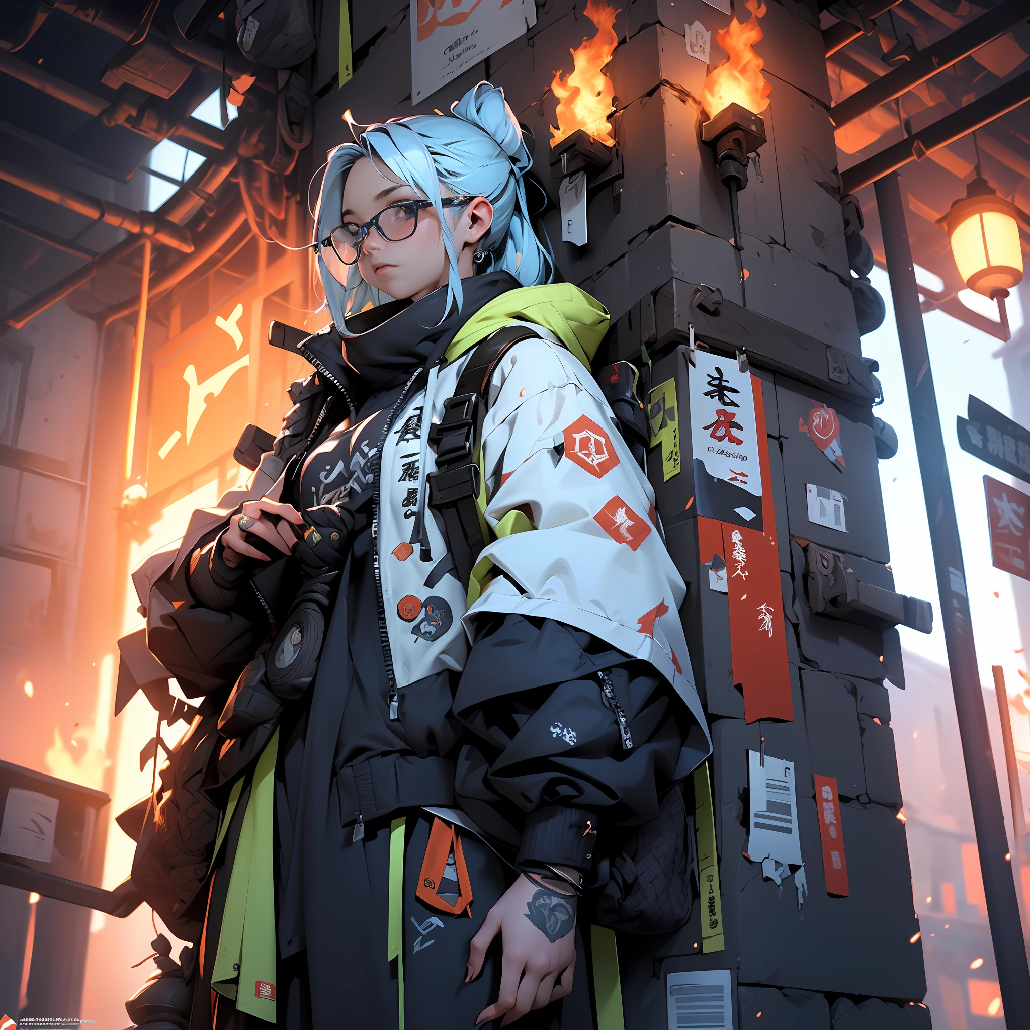 best quality,masterpiece,ultra high res,(depth of field) , professional lighting, physically-based rendering,perfect anatomy, hyper extreme detailed cg unity 8k wallpaper,BREAK
((japanes aromr)),(flat chest, long hair, (hime cut), (asymmetrical bangs), long bangs, (ponytail), (pale blue hair), (two-tone hair), shiny hair, ahoge, one_eye_closed, small_breasts, dark-skinned_female, (glasses), (wings),cast a spell of flames,there's a big fire Streetscape of Edo