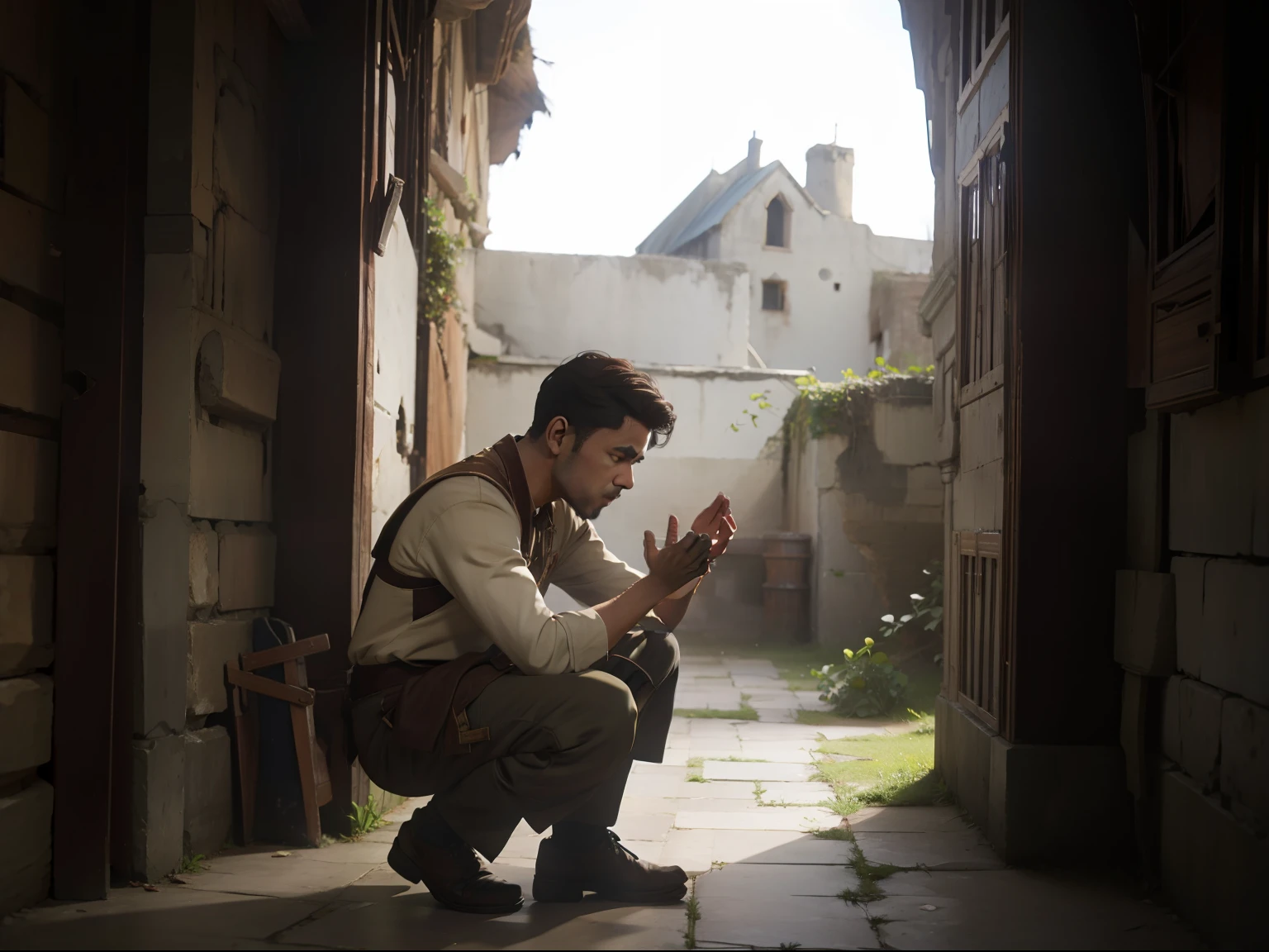 A man in a ruined courtyard,Place your hands flat on your knees