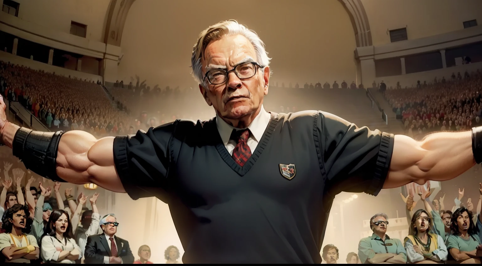 Warren buffet Flexing like Arnold Schwarzenegger in front of a crowd