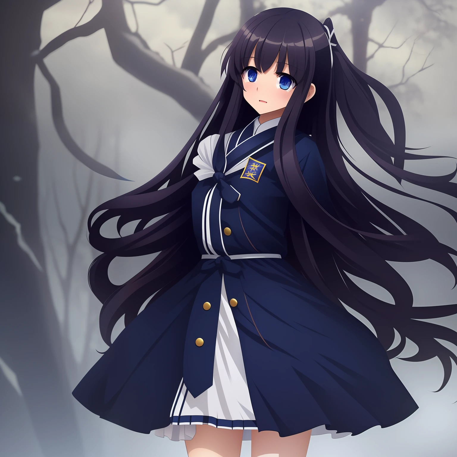 Isolated on white background、Imagine a standing statue in the game。The whole body is shown、It is a one-man position。Standing alone。In a novel game atmosphere、She is a long-haired schoolgirl with black hair, Neat and clean、Wearing a dark blue Japan uniform。Has a rather surprised look on his face。Eyes are looking straight ahead。Create a bright atmosphere。
