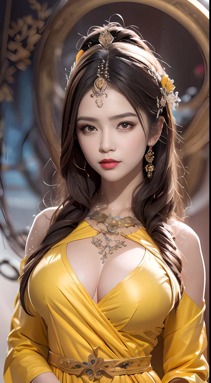 Portrait of a young 20-year-old saint, a saint with a beautiful and super cute face,wearing a very thin and sexy ao dai, beautiful cute face, Ao dai with a deep slit in the chest and attractive black and white lace trim, beautiful face without blemishes, Lovely smile, ((7-color hair length:1.2)), big crown, hair brooch, hanfu dress, chinese ancient style, full body jewelry, forehead tattoo, The female saint's breasts are round and very full, breast augmentation, innocent face, The most beautiful and detailed light red lipstick, ((Thin plump lips:0.3)), ((eyes with iridescent yellow pupils:1.2)), (white and detailed) cinematic, light and dark, dramatic lighting, magical light, extremely detailed light, true color, super sharp, realistic, 8k quality, fantasy universe background, saints and magical space, the most detailed images, Solo, a saintess, ((looking directly at the saint's upper body:0.4)), ((smooth skin:0.5)),