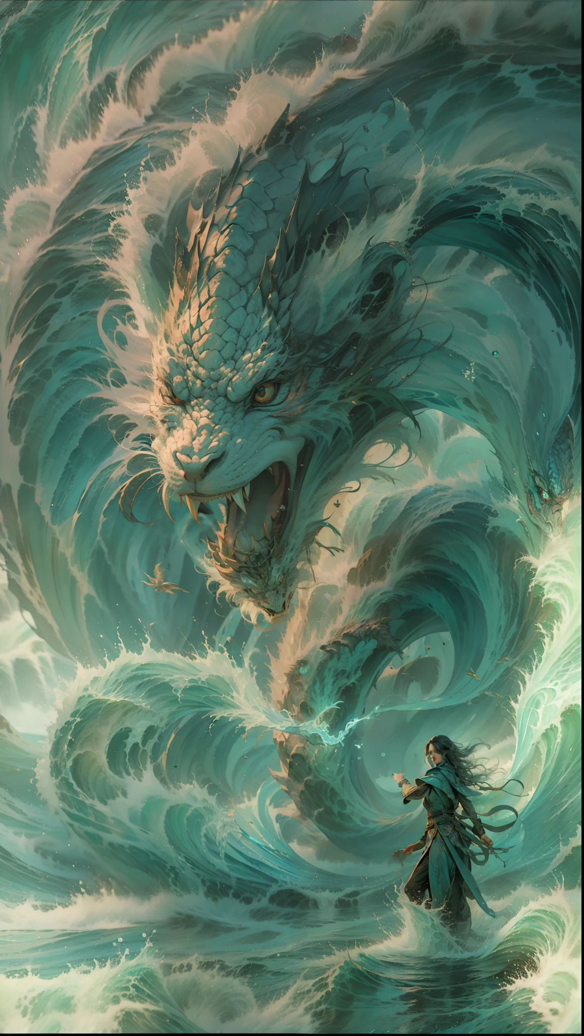 Illusion style，Huge water dragon in the background，Manipulating water magic. Powerful female water controller，yushui，wave
Enigmatic Atmosphere, Saturated colors, Dynamic composition, Sony A7S III camera, Long live Fujifilm 100 film, 85mm lens, Bokeh effect, j.K. Rowling, j.r.r. Tolkien, George R.r. Martin, Alexander McQueen, Gucci