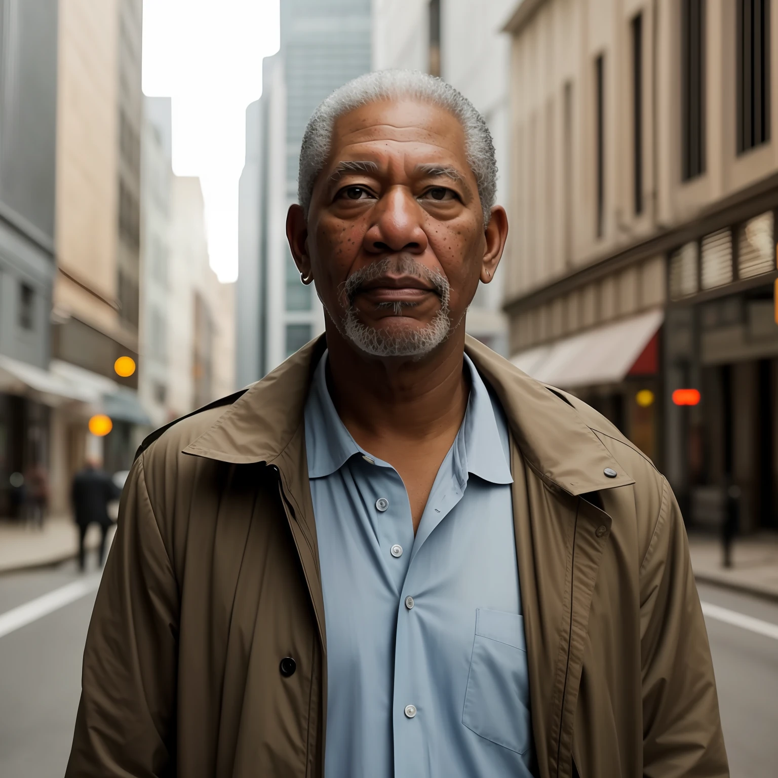There is a man standing in the street in a town, Retrato de Morgan Freeman, Morgan Freeman •, Morgan Freeman como Gordon Freeman, inspirado em Gordon Parks, fim de uma era, foto do retrato de um homem velho, Retrato de 50mm, Sigma 85/1.2 retrato, retrato de alta qualidade, homem bonito, retrato da vida real, Contemplando