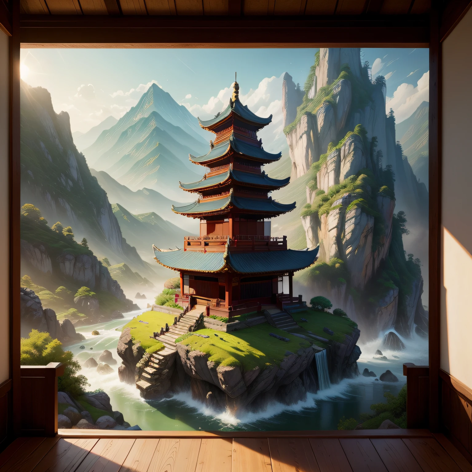 Ancient Chinese landscapes, ancient buildings, pavilions, carved beams and painted buildings, beautiful mountains and rivers, inspired by Jin Yong martial arts, sunlight, ink painting style, clean colors, decisive cutting, blank space, freehand, masterpiece, super detailed, epic composition, high quality , highest quality, pixar style, oversaturated, surreal, artgerm --v 6