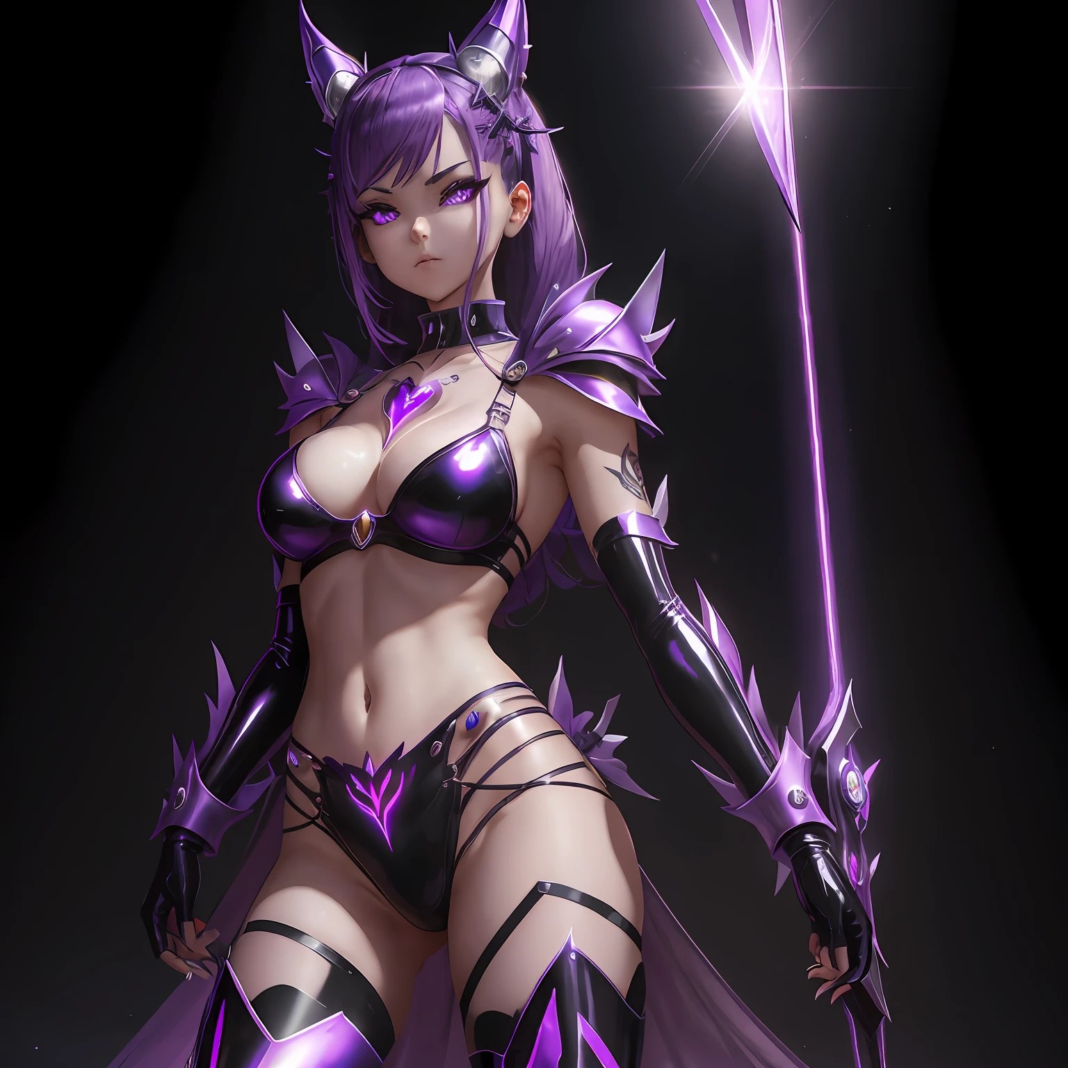 An evil magical girl in a skimpy outfit stands alone. Her costume is made up of latex fabric and transparent tights. She wears sharp black bikini armor. A hair ornament with sharp angles on her head. Sharp claws on her fingertips. A heart tattoo around her navel. Purple eyes that shine with light. Futuristic machines in the background
