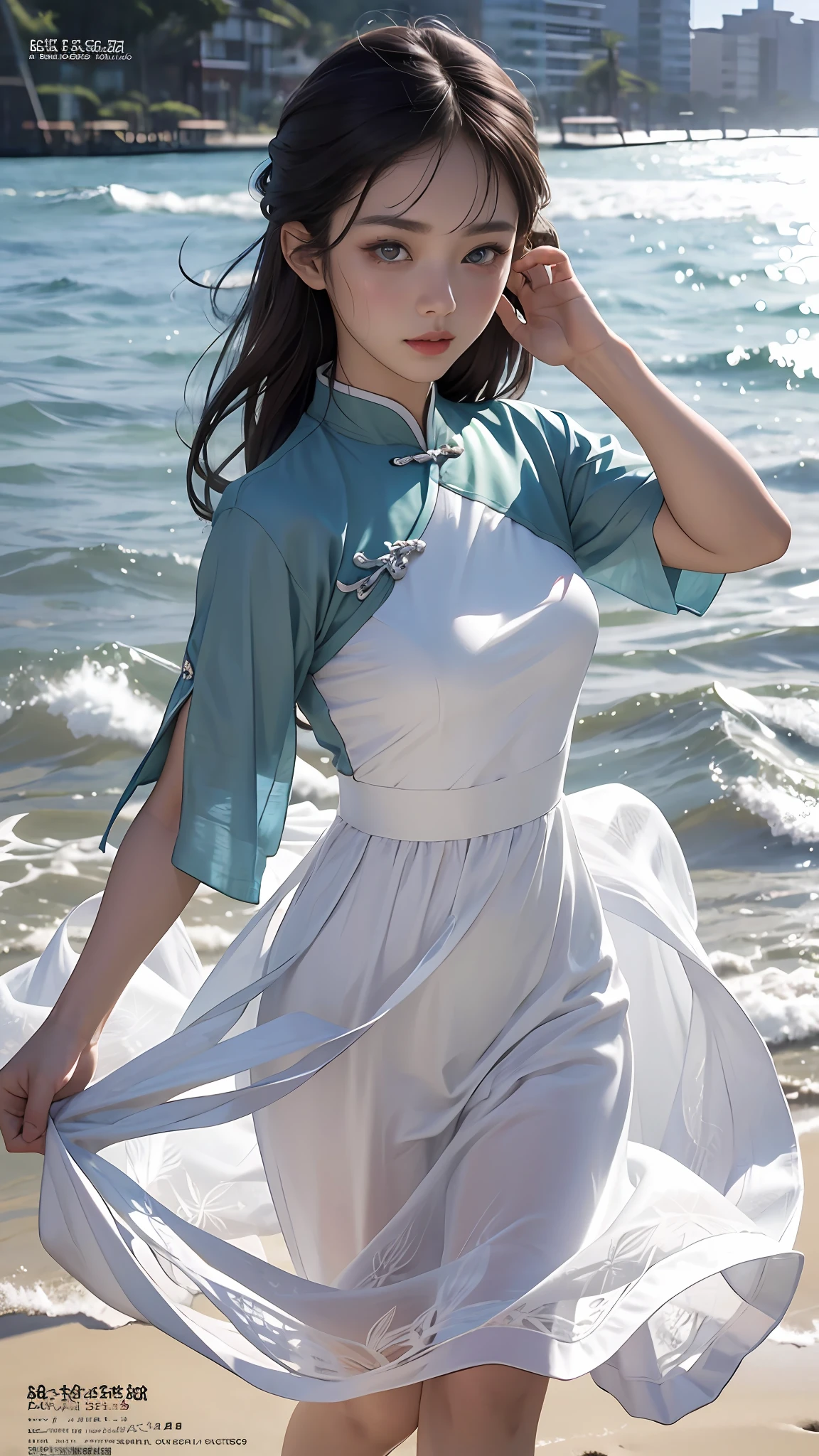 Best quality, Master, A high resolution, 1girll, Super beautiful face, super beautiful eye, Super beautiful hair Super beautiful face，Super beautiful eyes，Super beautiful hair，MagazineCover，beachside，clothing design，New Chinese，Clear light yarn