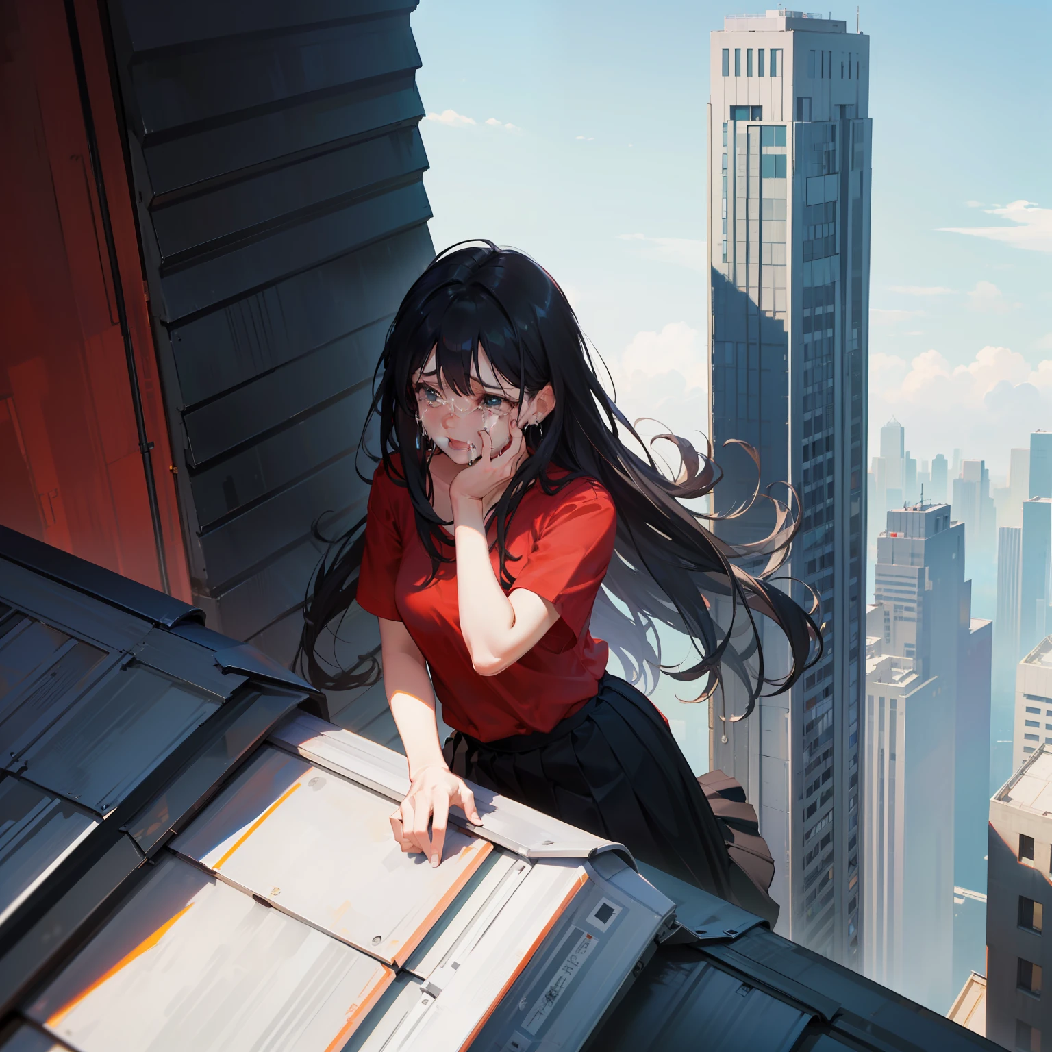 ​masterpiece、hightquality、vivd colour、(((Long Black Hair)))、(((Red Shirt)))、(((a black skirt)))、(((On the roof of a high-rise building)))、(((crying how bright)))