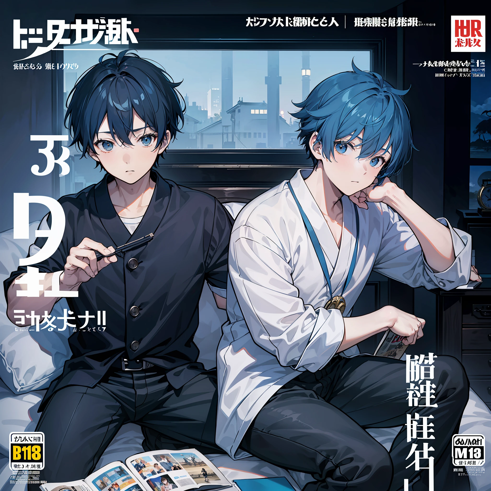 masterpiece, best quality, full body, (1boy), (The Detective Coach), (Boy Messy Japanese Round Haircut for Thick Hair), (blue hair), black shorts, (solo), (magazine:1.3), (cover-style:1.3), fashionable, mystery detective