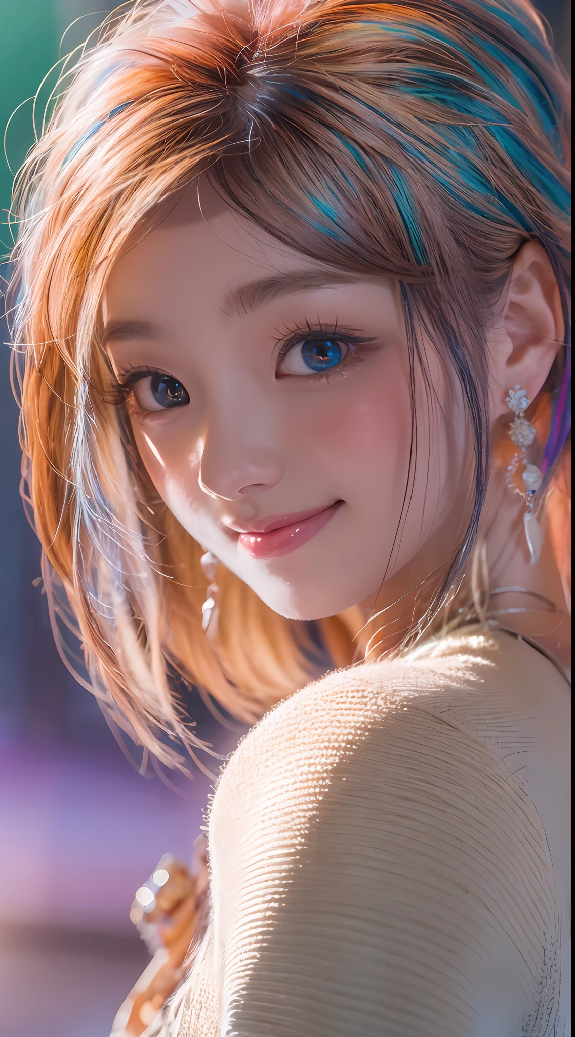 multicolored hair, hair over shoulder, hair spread out, jewelry, mole under eye, color contact lenses, earrings, smile, anime, Romanticism, Ghibli-like colours, anime style, backlighting, bloom, Fujicolor, Canon, UHD, masterpiece, anatomically correct, best quality, textured skin