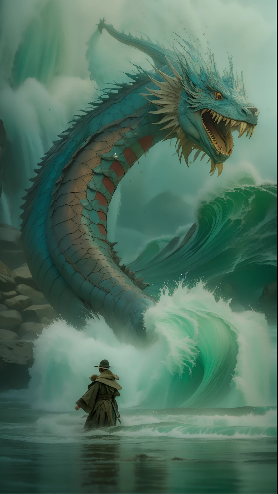 Illusion style,Huge water dragon in the background,Manipulating water magic. Powerful mother water controller,Yushui,Wave mysterious atmosphere, Saturated colors, Dynamic composition, Sony A7S III camera, Long live Fujifilm 100 film, 85mm lens, Bokeh effect, j.K. Rowling, j.r.r. Tolkien, George R.r. Martin, Alexander McQueen, Gucci