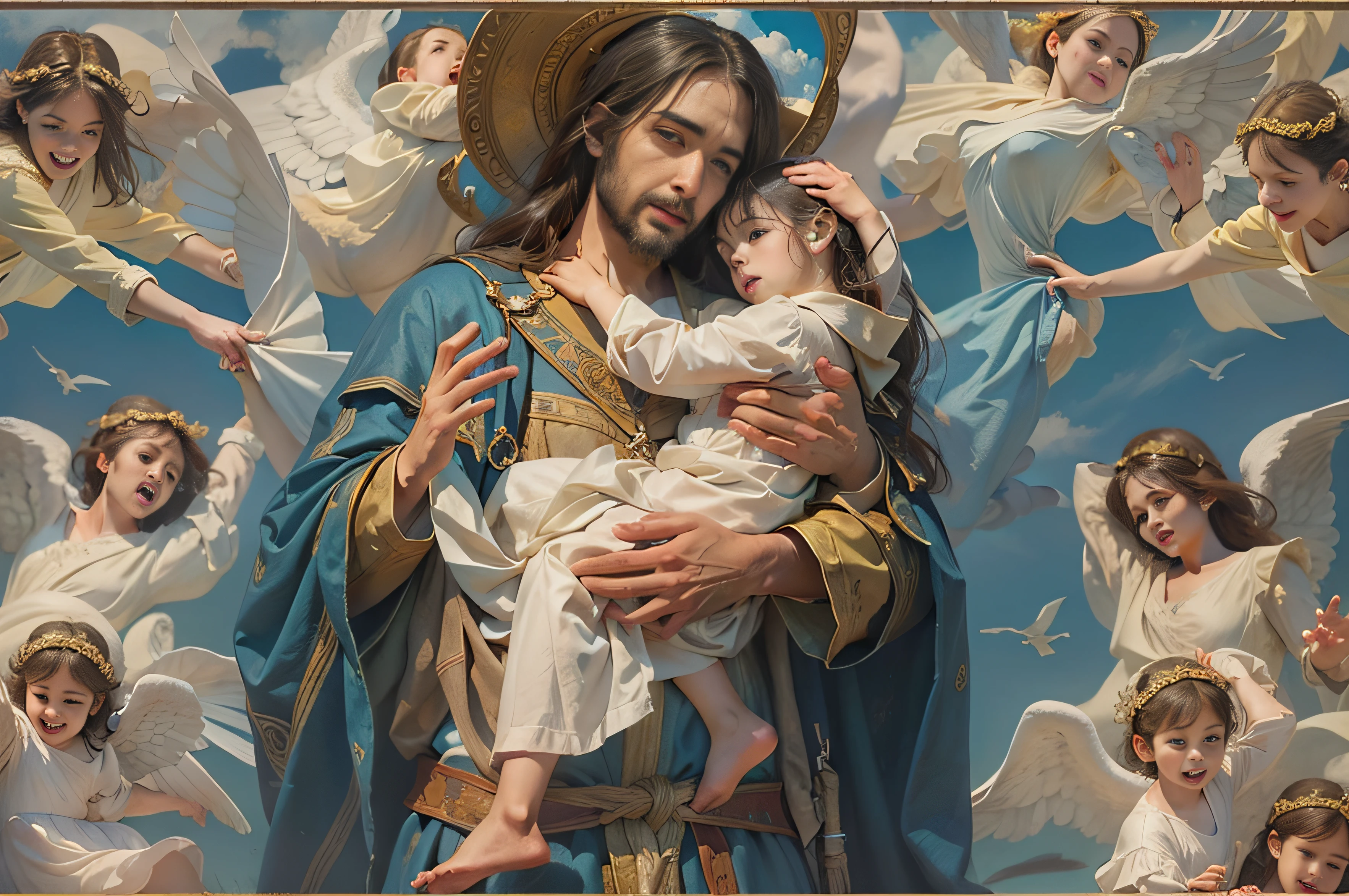 (obra maestra, mejor calidad: 1.2, high resolusion: 1.2), ((Retrato de la parte superior del cuerpo)), jesus of nazareth, con vestimenta antigua, Hugging and comforting an 8-year-old, pobre, solo ellos en la escena, with his angels in a blue sky with clouds as he returns to the photorealistic earth ,AbsentaPunkAI