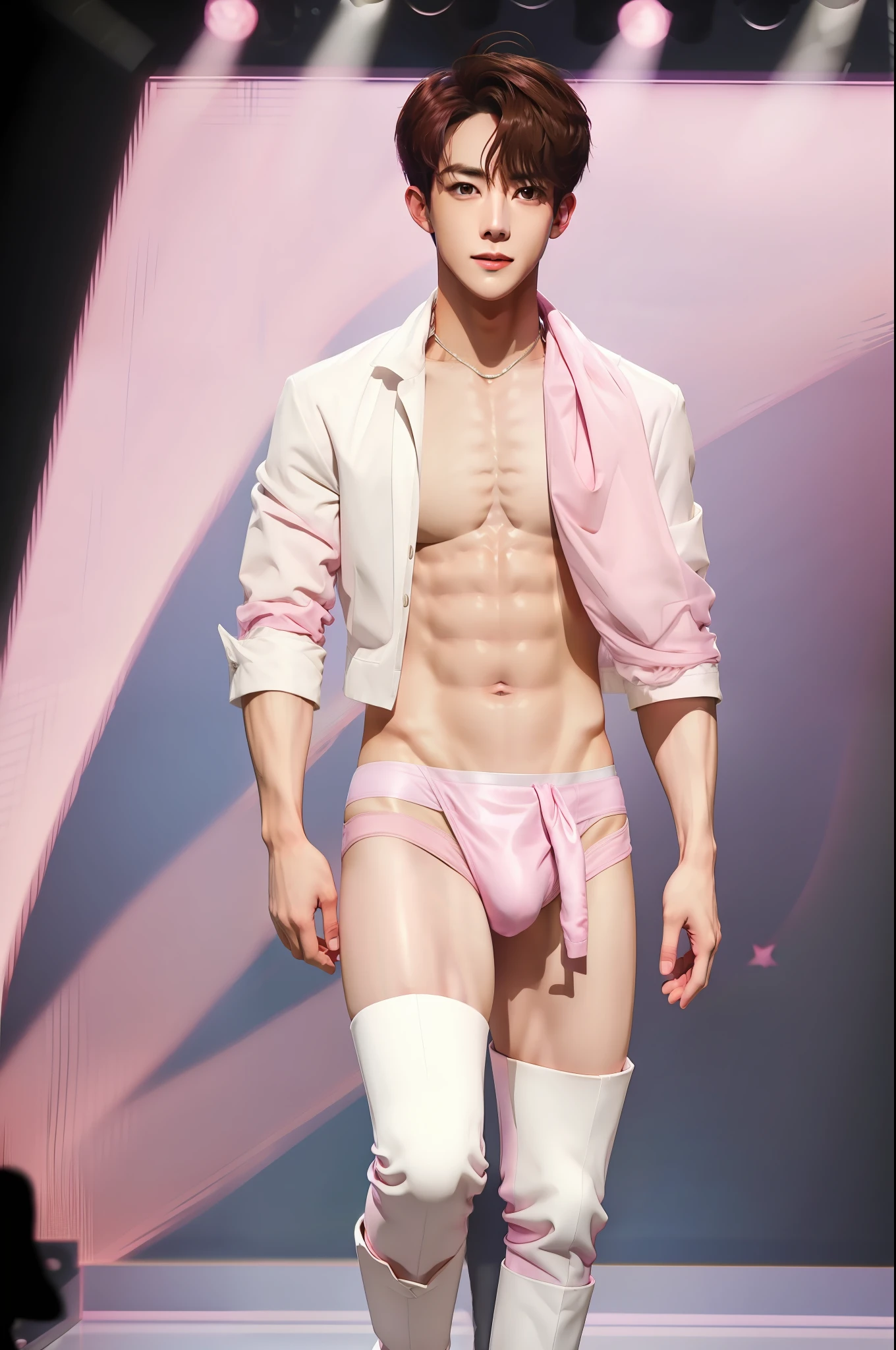 A Shirtless handsome guy, wearing a pink scarf and White Underwear, Pink Boots, Full Body, walking on the fashion show stage