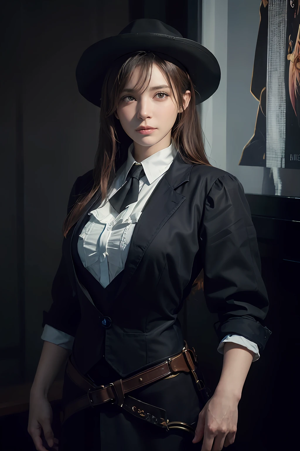 (front focus), (in the dark:1.6), Hyperrealist portrait of female by david hockney and alphonse mucha, fantasy art, photo realistic, dynamic lighting, artstation, poster, volumetric lighting, very detailed faces, 4 k, award winning, 1girl, in the dark, deep shadow, low key, cowboy shot, (official clothing:1.4), long hair, white hair