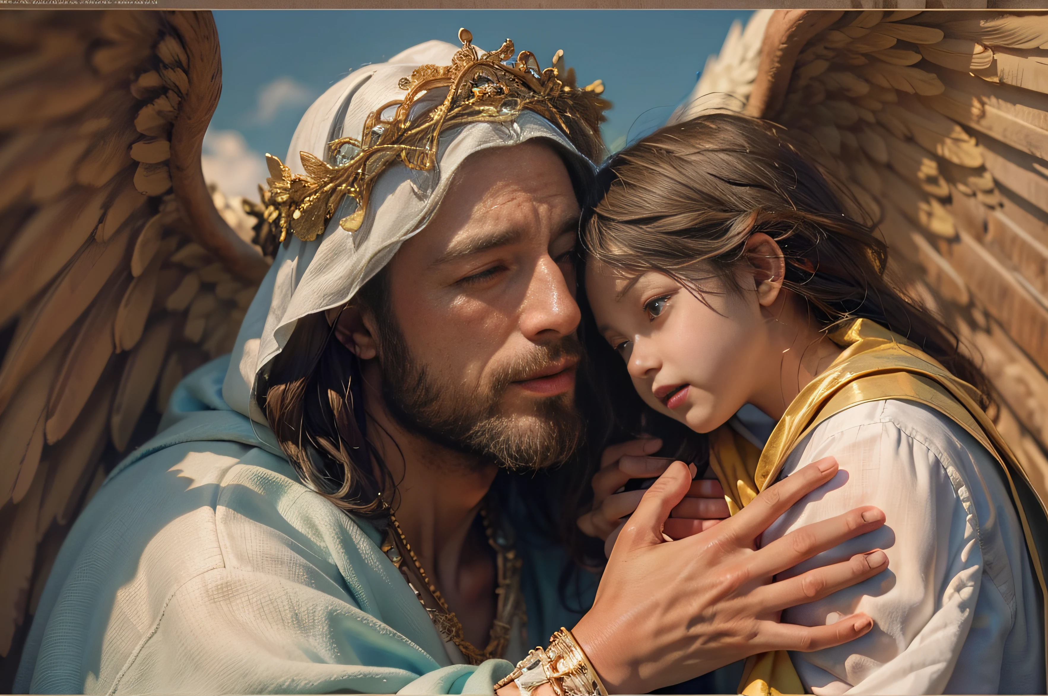 (obra maestra, mejor calidad: 1.2, high resolusion: 1.2), ((Retrato de la parte superior del cuerpo)), jesus of nazareth, con vestimenta antigua, Hugging and comforting an 8--old,bre, solo ellos en la escena, with his angels in a blue sky with clouds as he returns to the photorealistic earth ,AbsentaPunkAI