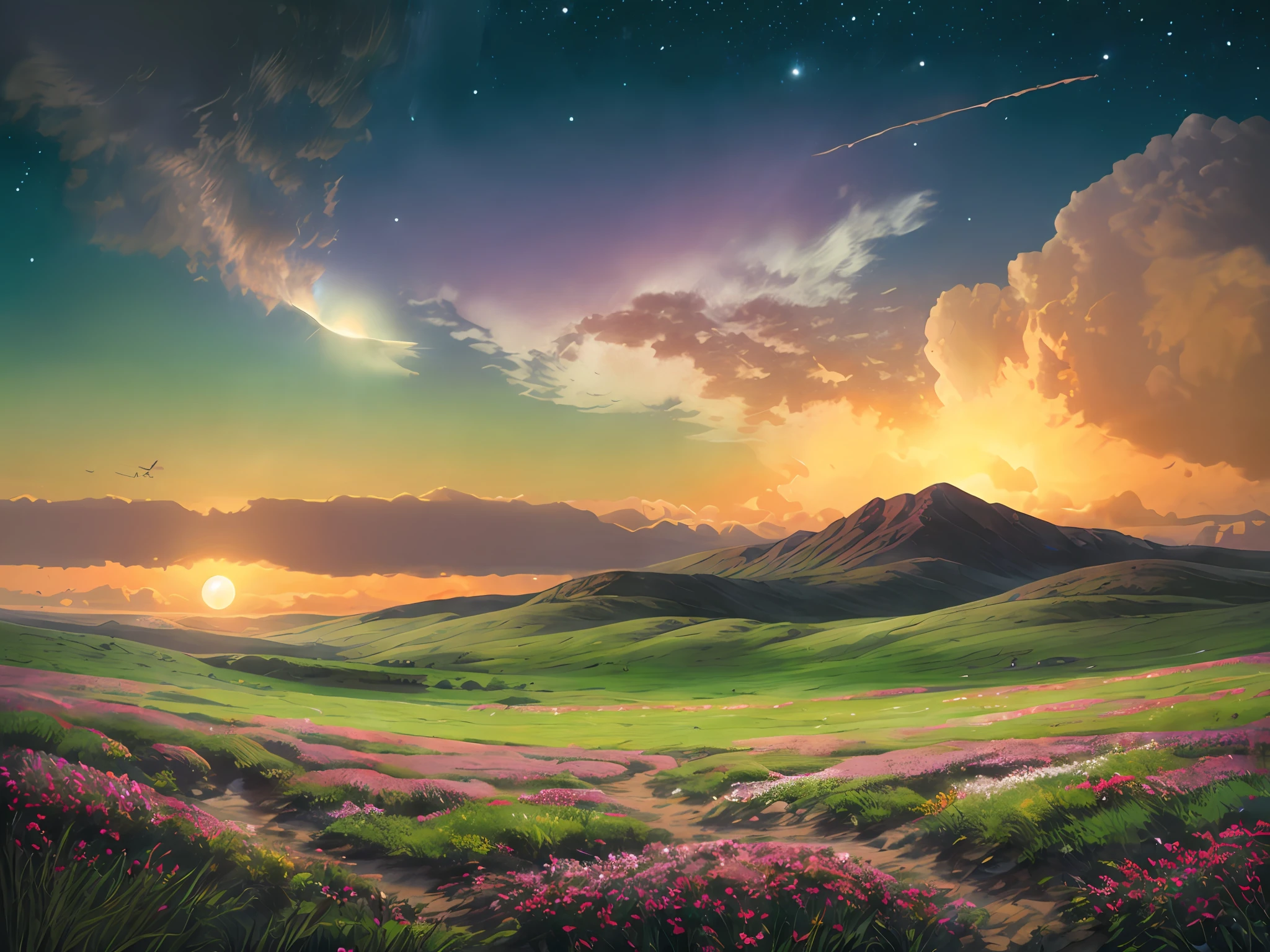 Vast landscape photos, (from below, the sky above, open fields below), a boy standing on a flower field looking up, (Full Moon: 1.2), (Meteor: 0.9), (Nebula: 1.3), Distant Mountains, Trees BREAK Making Art, (Warm Light Source: 1.2), (Firefly: 1.2), Lamps, Lots of Purple and Orange, Intricate Details, Volumetric Lighting BREAK (Masterpiece: 1.2), (Best Quality), 4K, Ultra Detailed, (Dynamic Composition: 1.4), Detailed, Colorful, (Iridescent: 1.2), (Glow, Atmospheric Lighting), Dreamy, Fantastic, (Solo: 1.2)