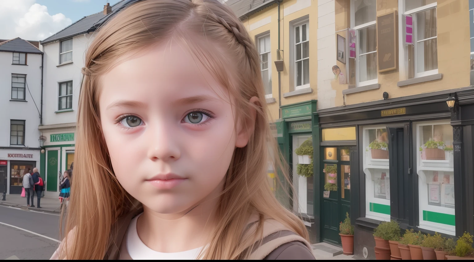 "Generate a hyper-realistic image of a 8--old l from Ireland with authentic Ireland features hair, skin colour, eyes, real, set against a realistic street background, showcasing the best quality and intricate details."