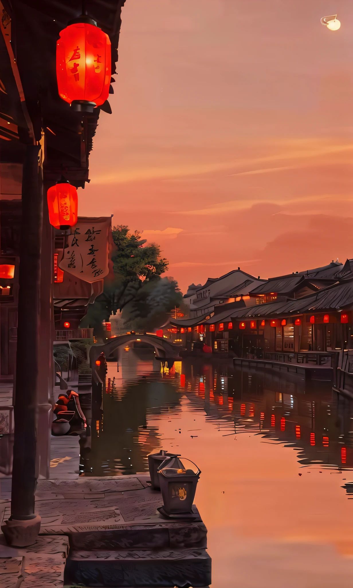 arafed view of a canal with lanterns and a boat in the water, dreamy chinese town, zhouzhuang ancient town, golden hour in beijing, beautiful render of tang dynasty, beautiful and spectacular dusk, in the evening, highly detailed water colour 8 k, highly detailed water colour 8k, dreamland of chinese, 6 4 0, 480p